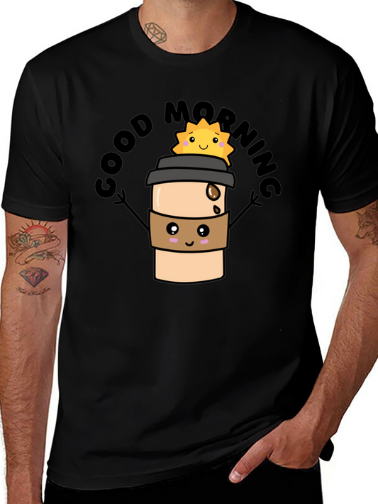 Good Morning Coffee Cartoon Black Tee