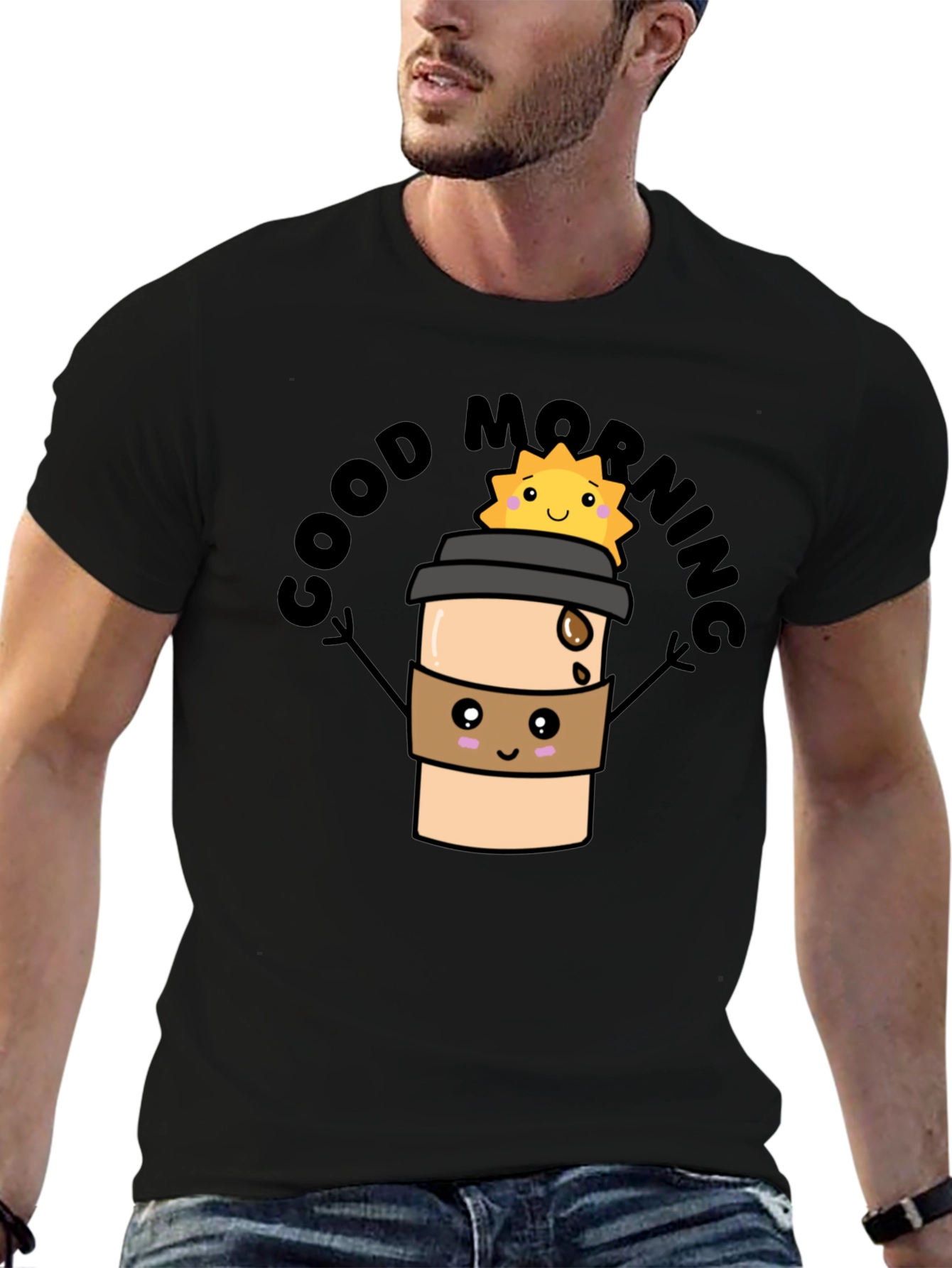 Good Morning Coffee Cartoon Black Tee