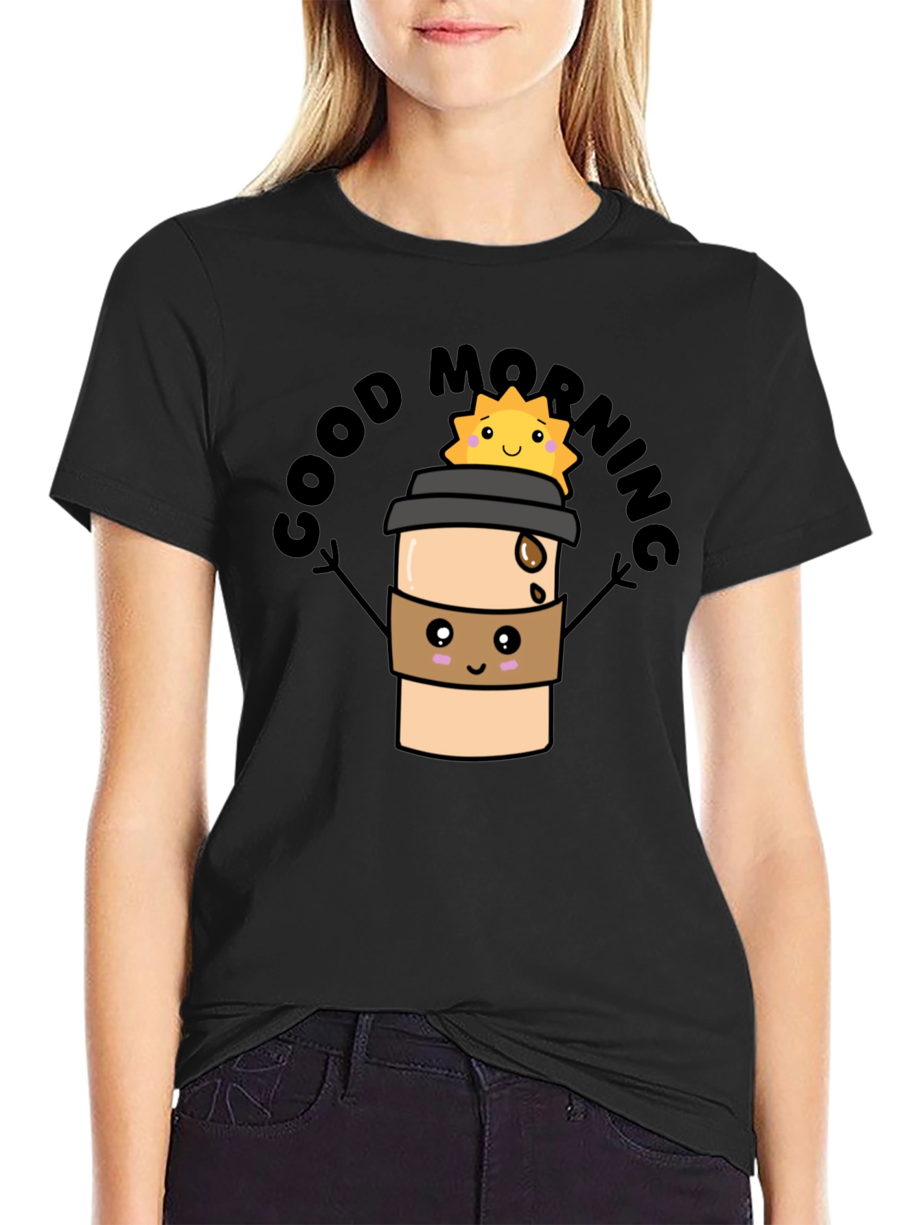 Good Morning Coffee Cartoon Black Tee