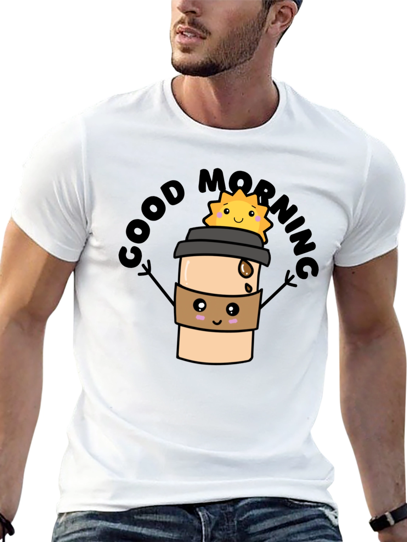 Good Morning Coffee Cartoon Black Tee