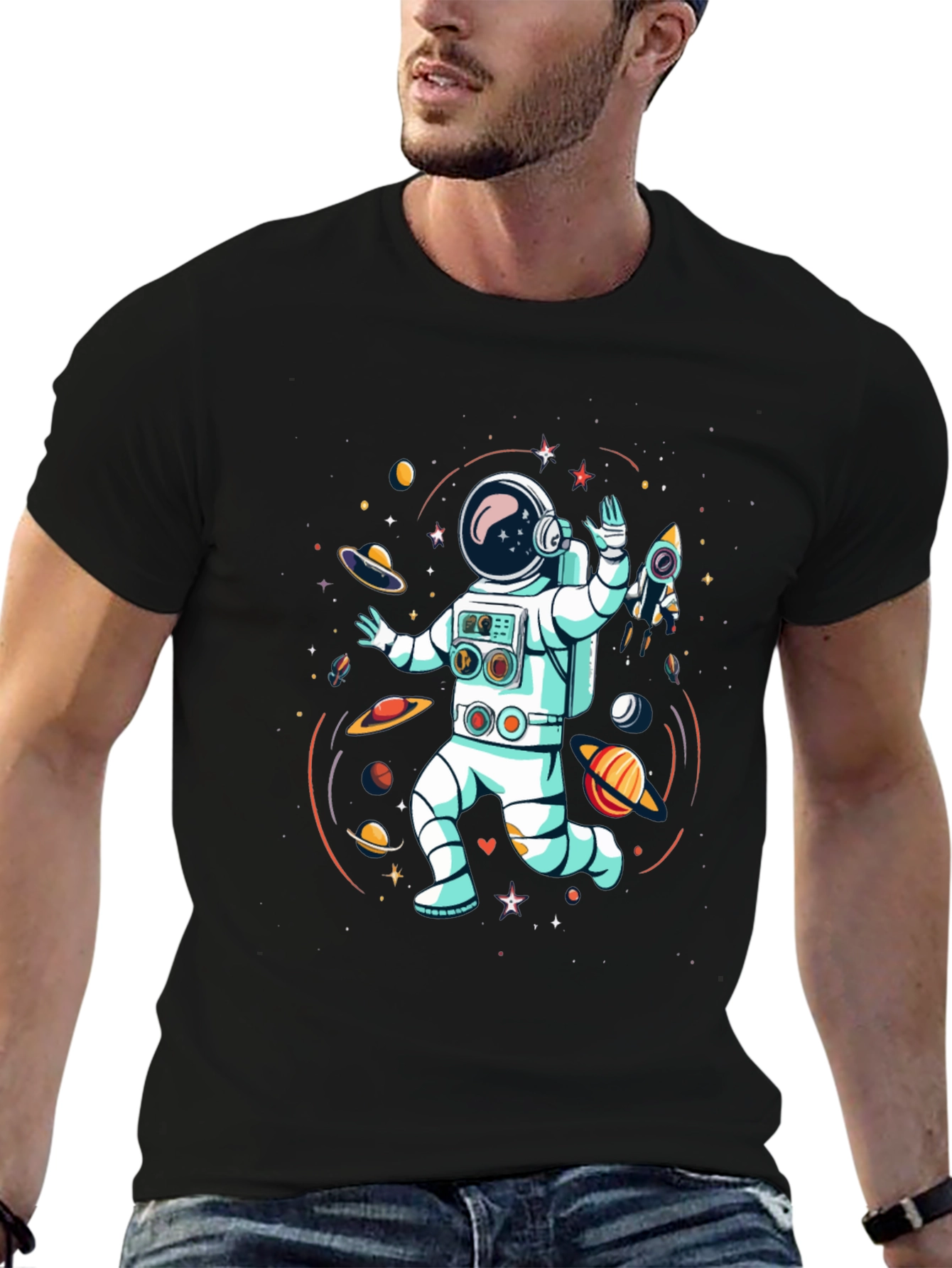 Astronaut in Space Graphic Tee - Black Cotton T-Shirt