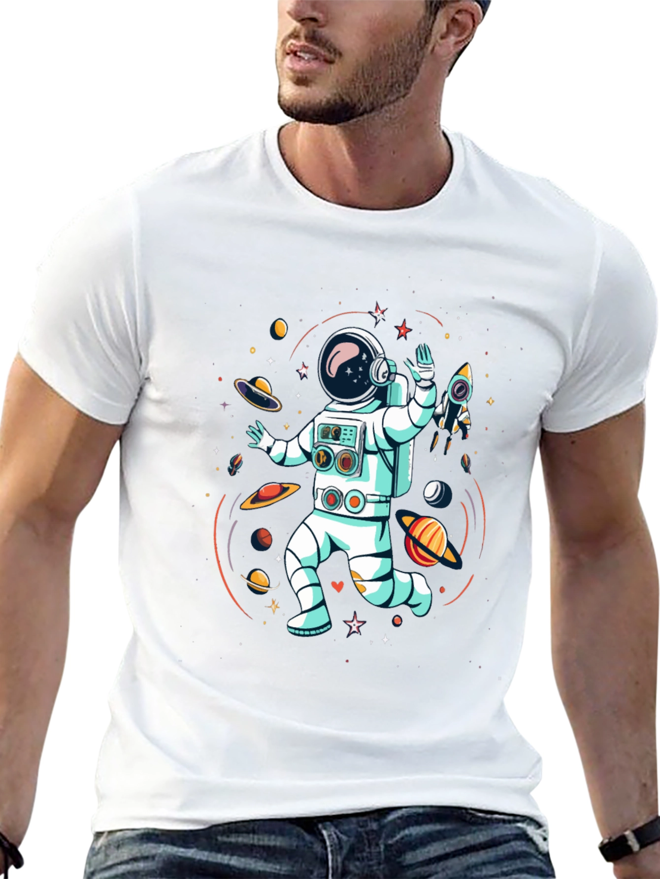 Astronaut in Space Graphic Tee - Black Cotton T-Shirt