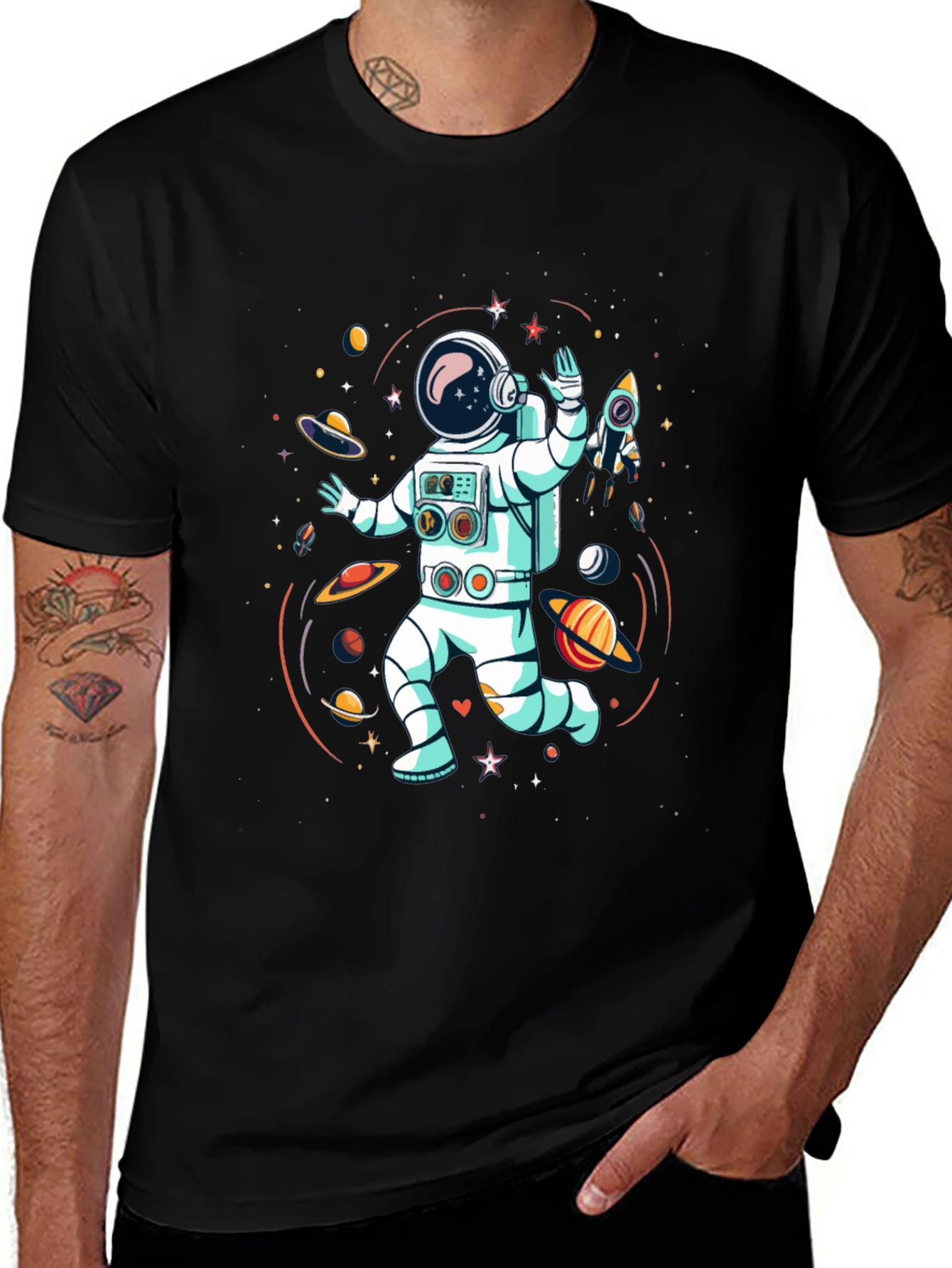 Astronaut in Space Graphic Tee - Black Cotton T-Shirt