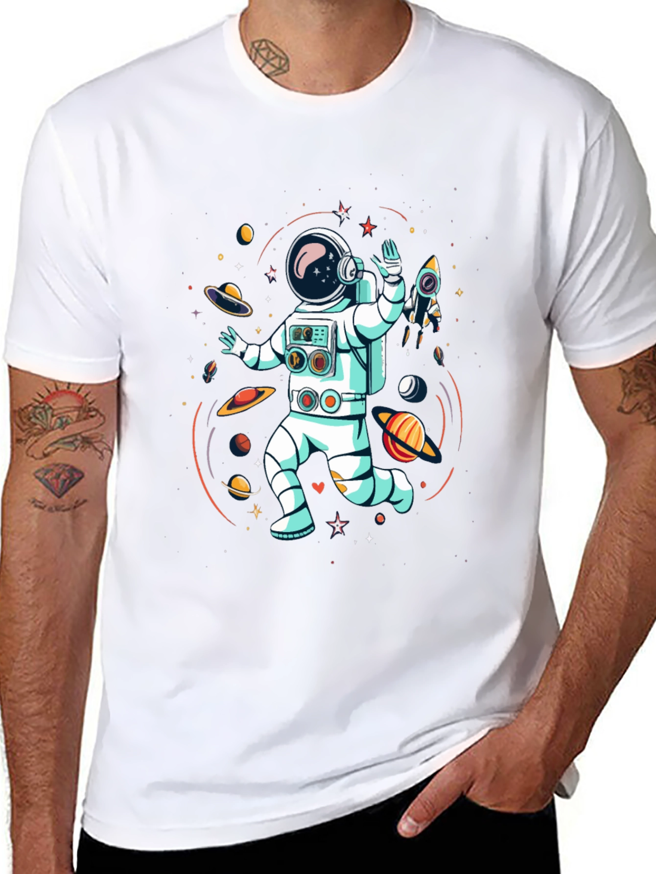 Astronaut in Space Graphic Tee - Black Cotton T-Shirt