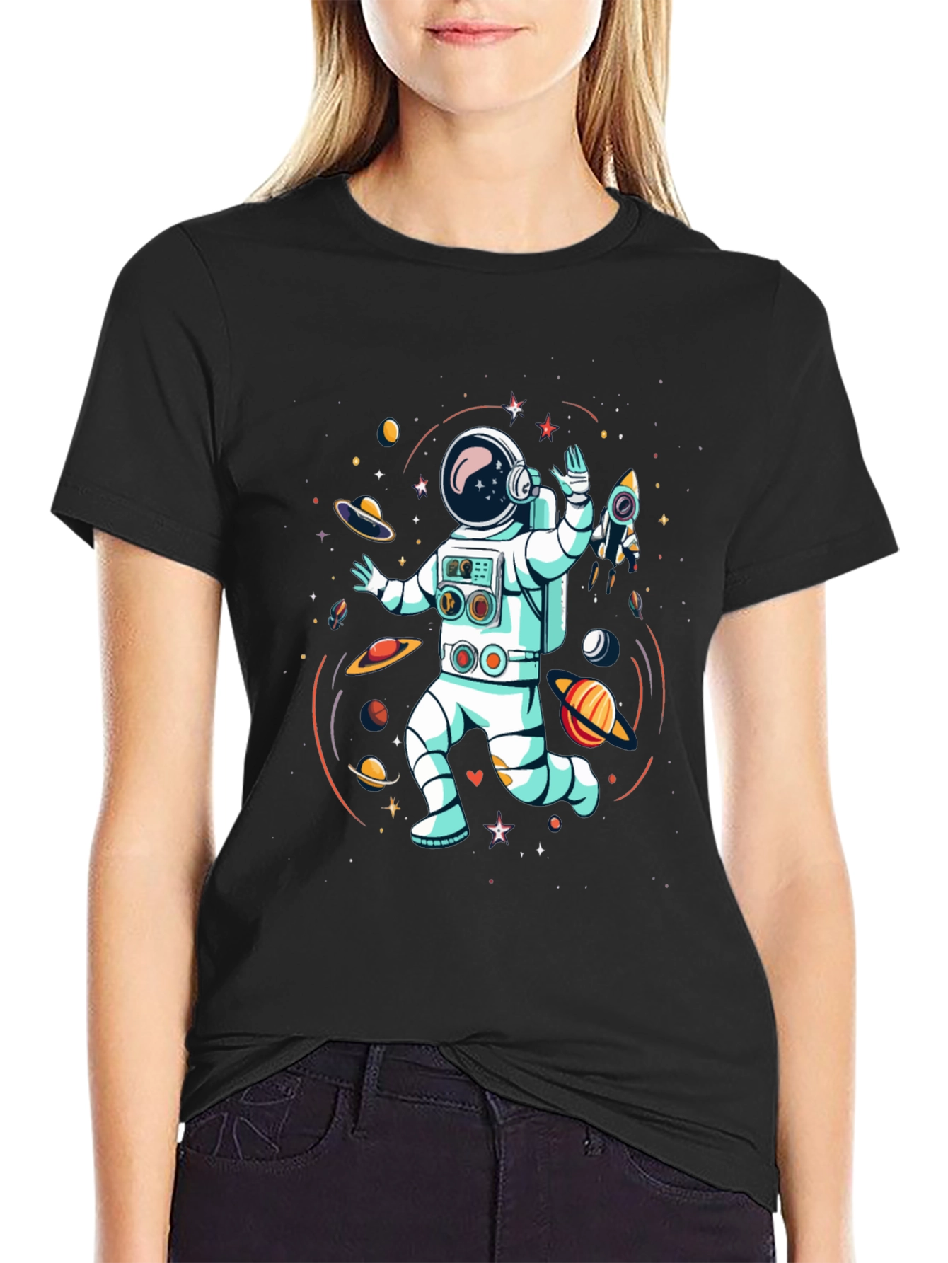 Astronaut in Space Graphic Tee - Black Cotton T-Shirt