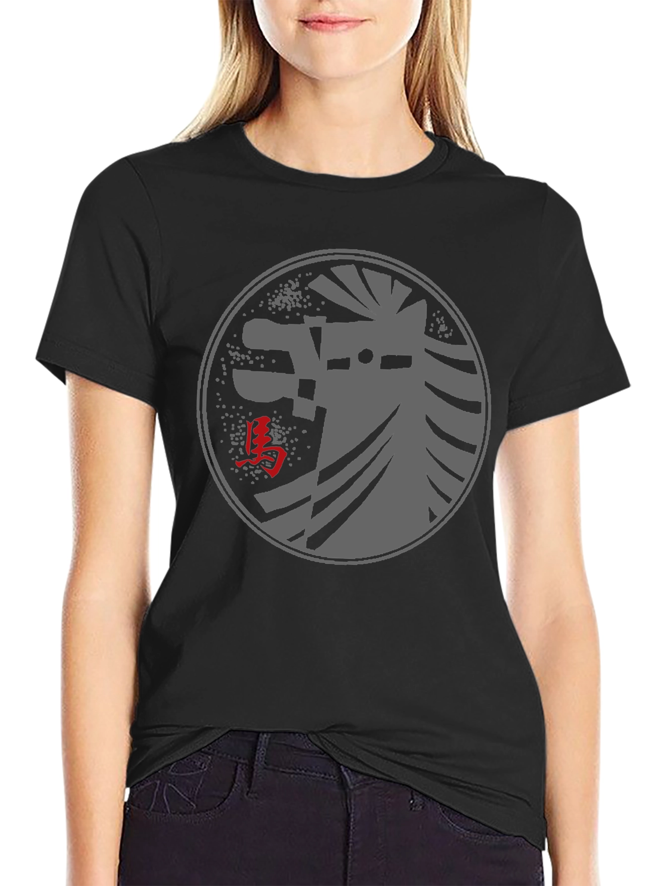 Black T-Shirt with Japanese Horse Design