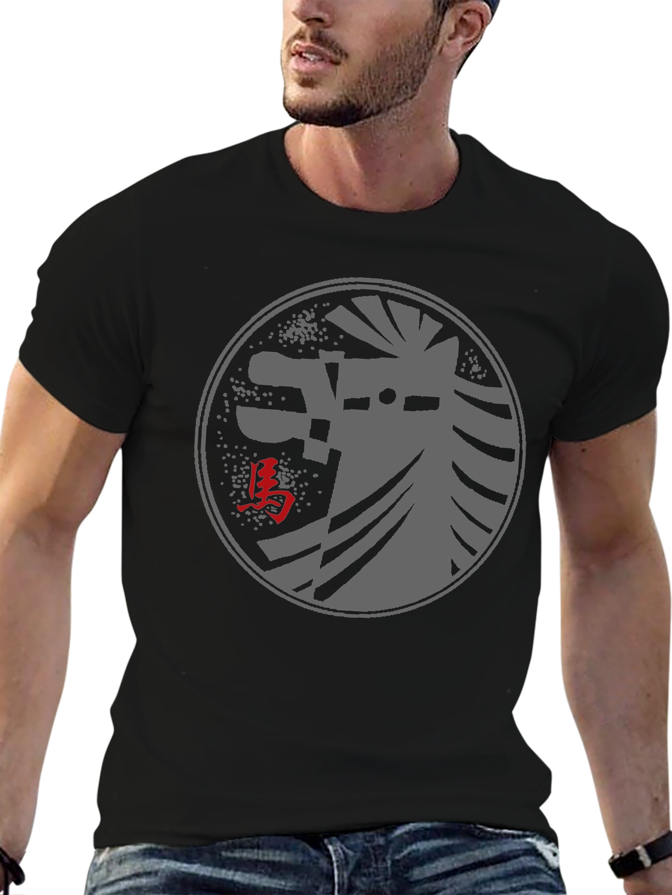 Black T-Shirt with Japanese Horse Design