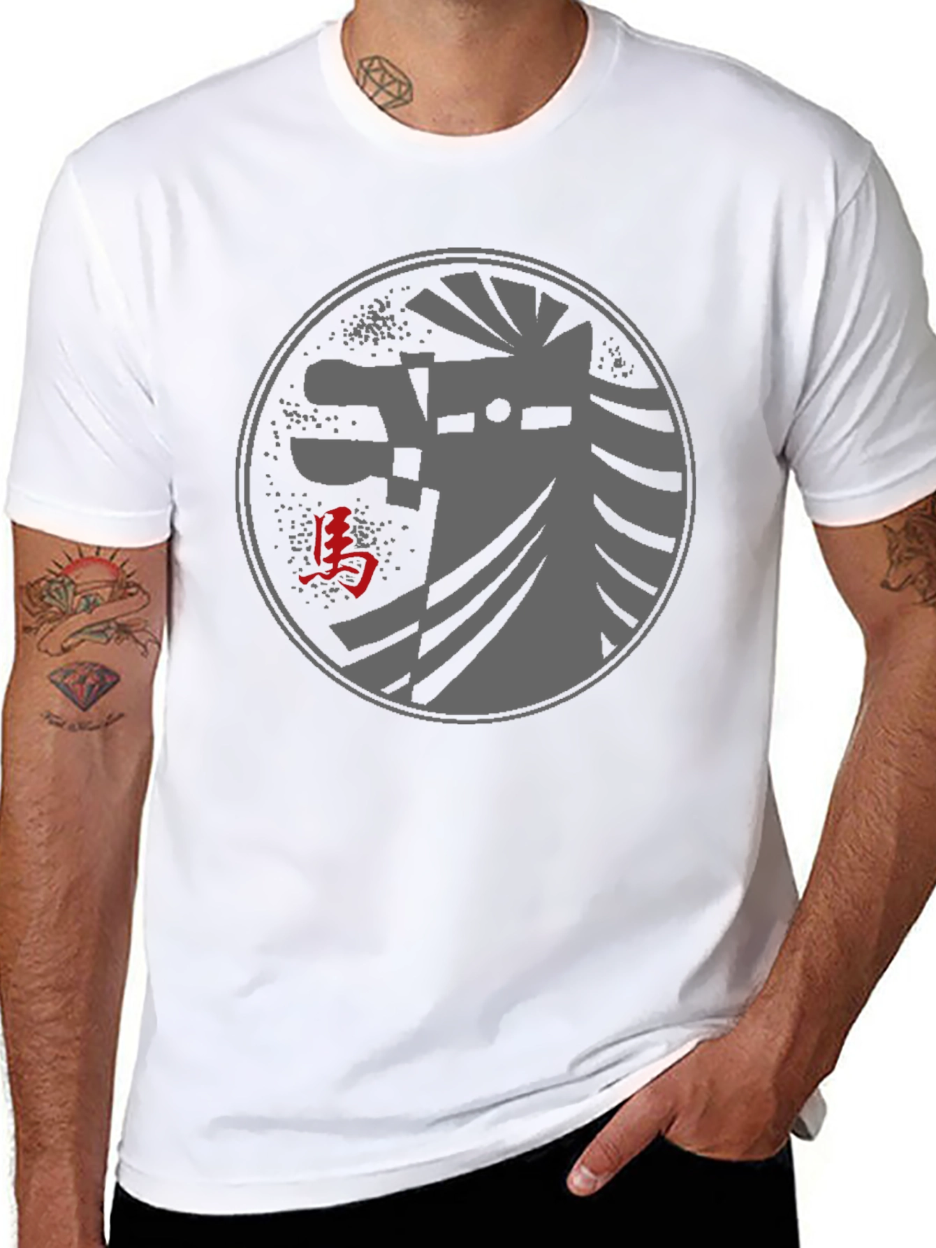Black T-Shirt with Japanese Horse Design