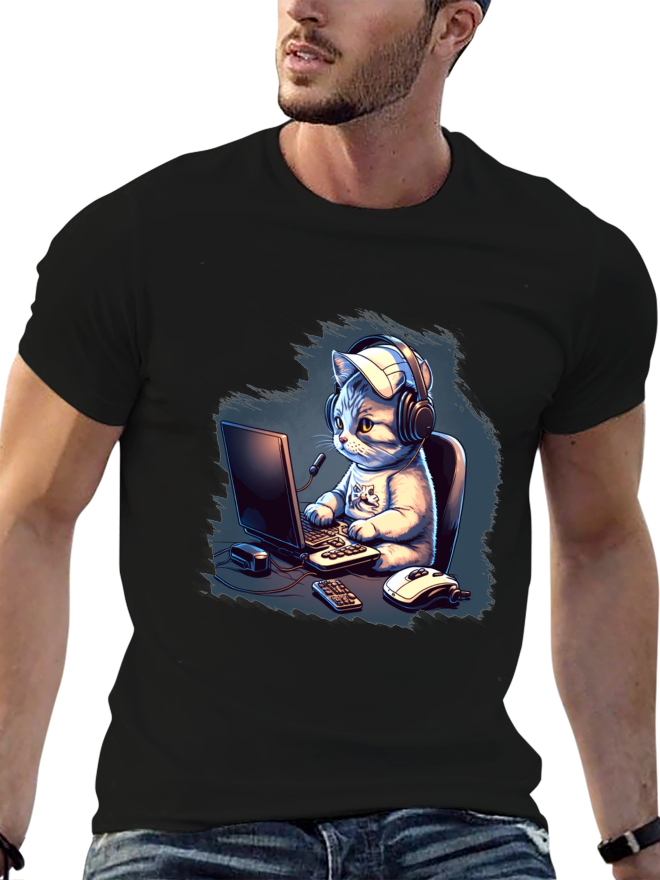 Gamer Cat Graphic Tee - Black