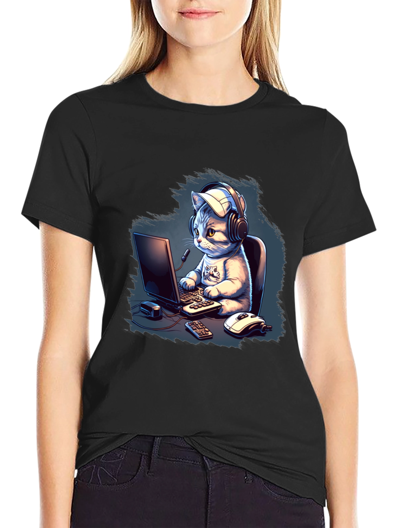 Gamer Cat Graphic Tee - Black