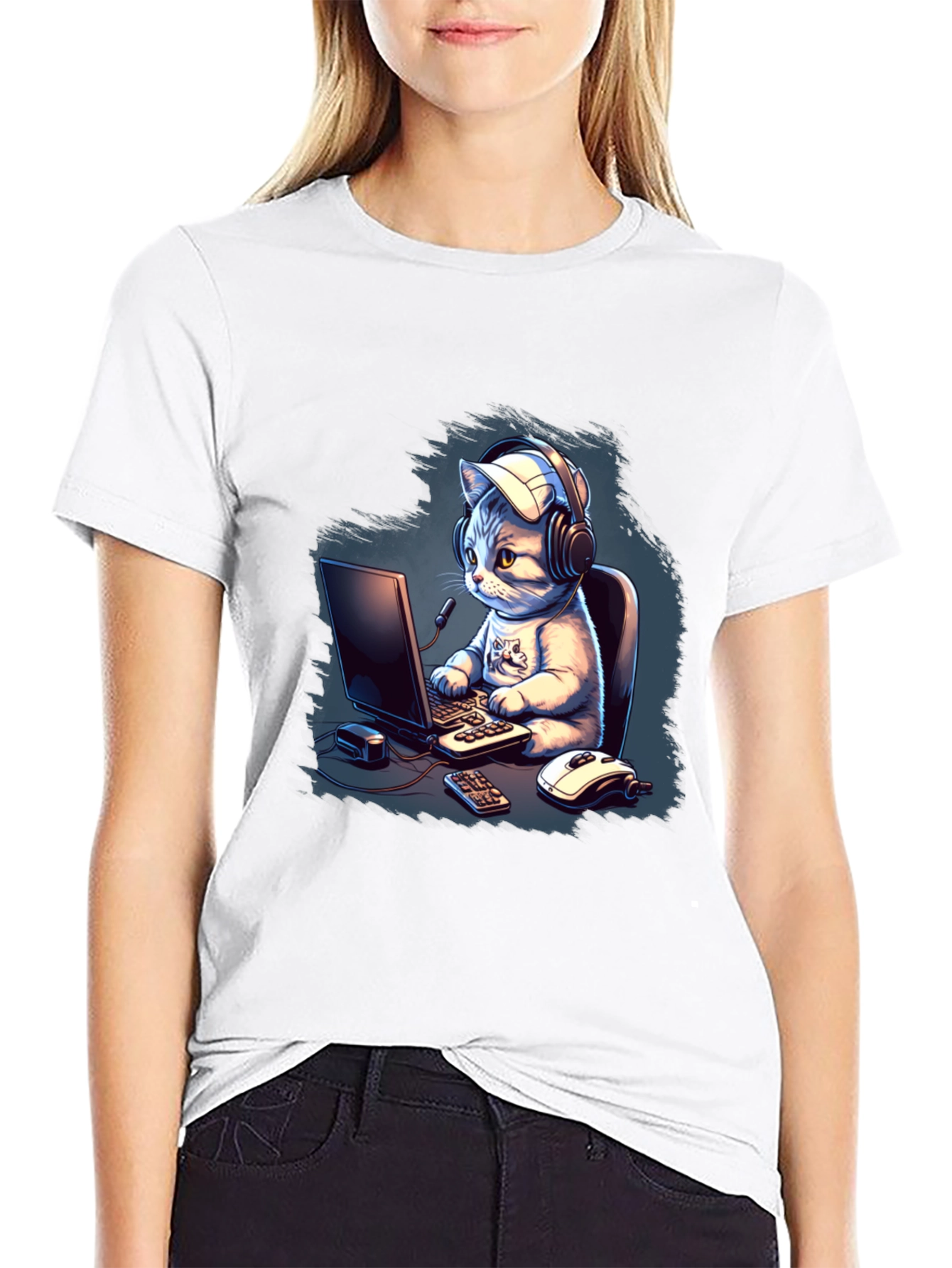 Gamer Cat Graphic Tee - Black