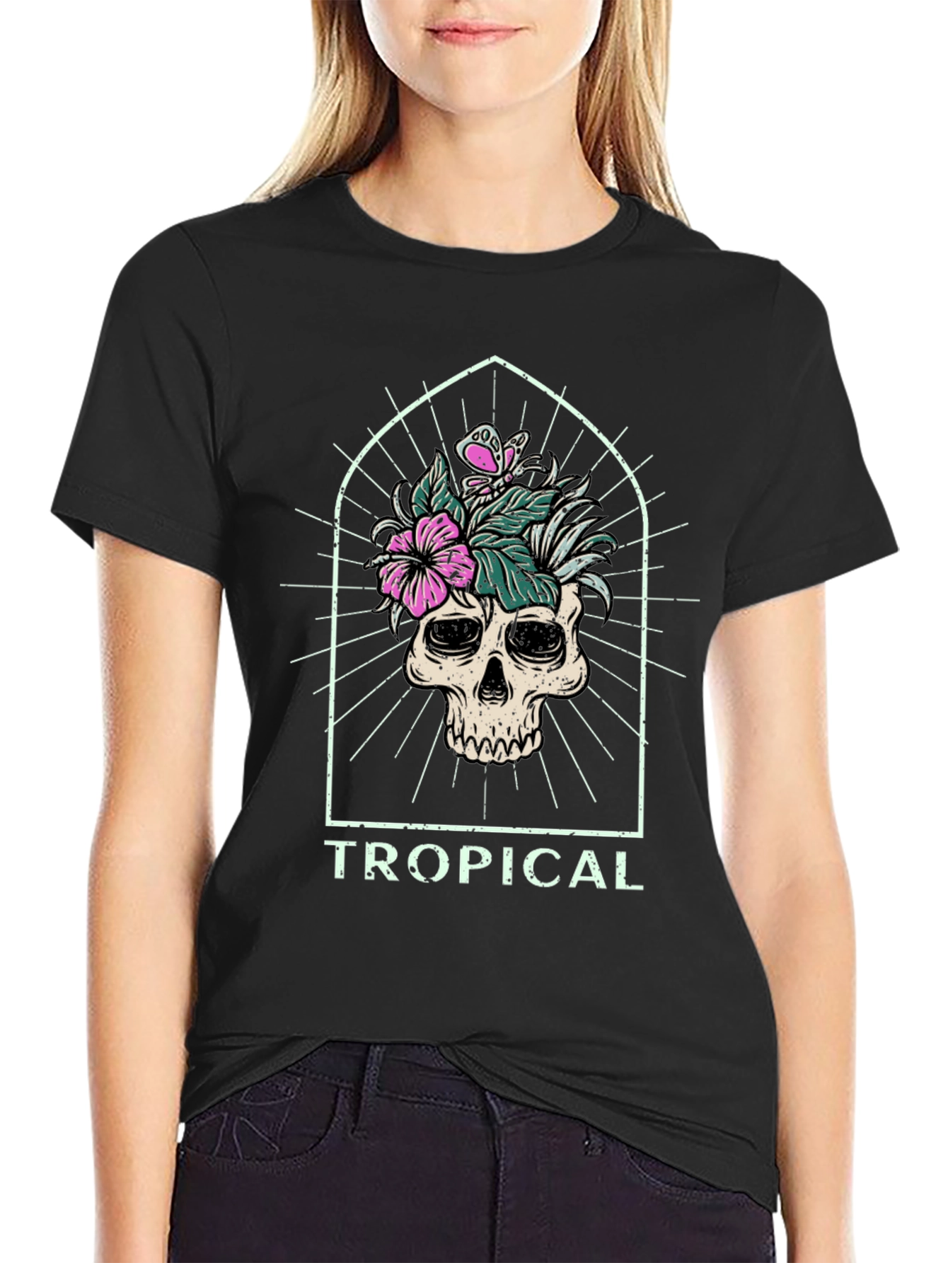Tropical Skull Graphic Tee - Black