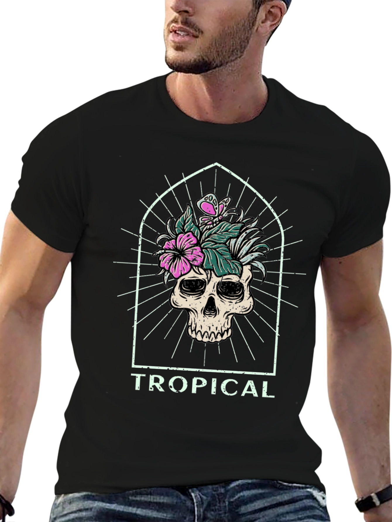 Tropical Skull Graphic Tee - Black