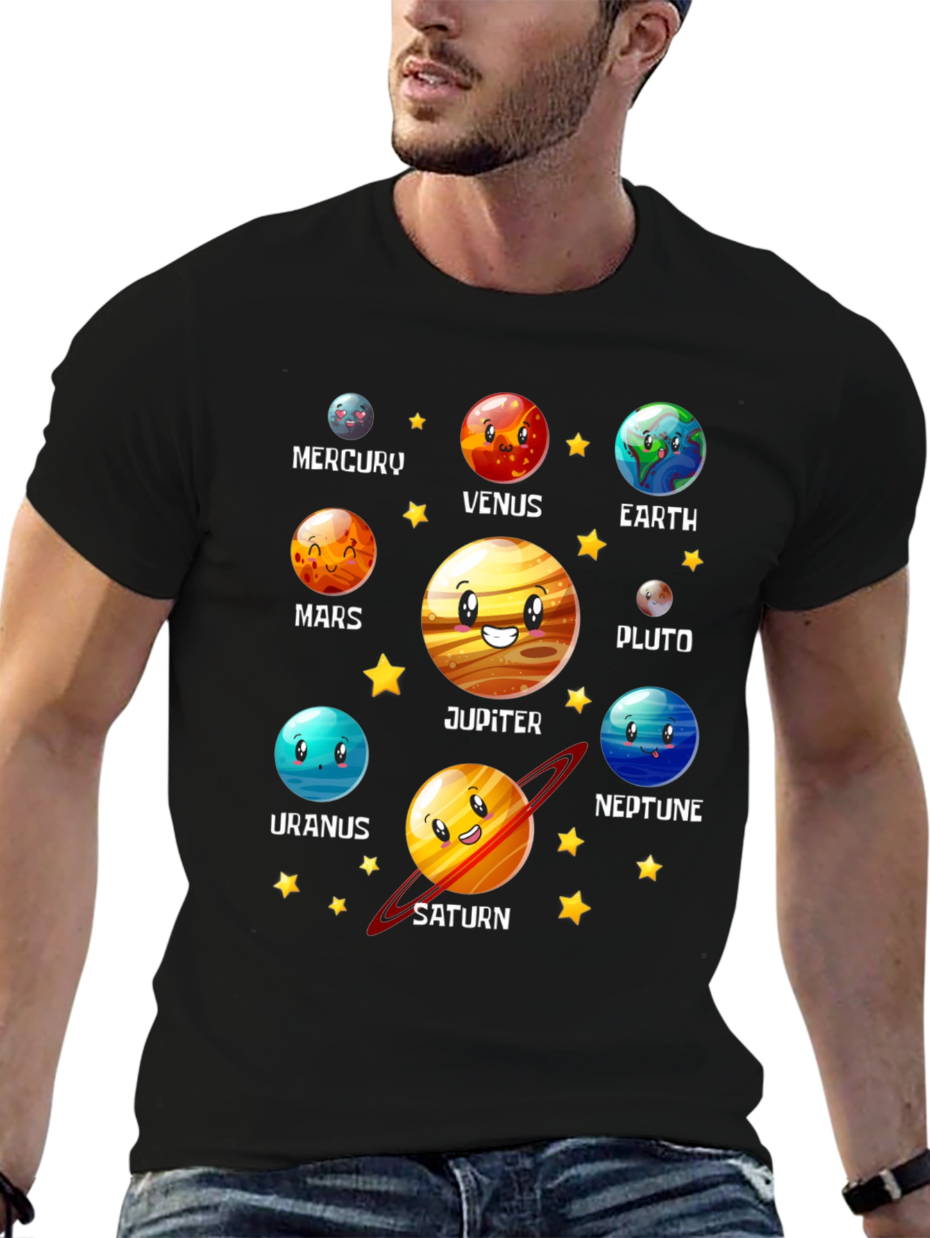 Solar System Planets Cartoon Graphic Black T-Shirt