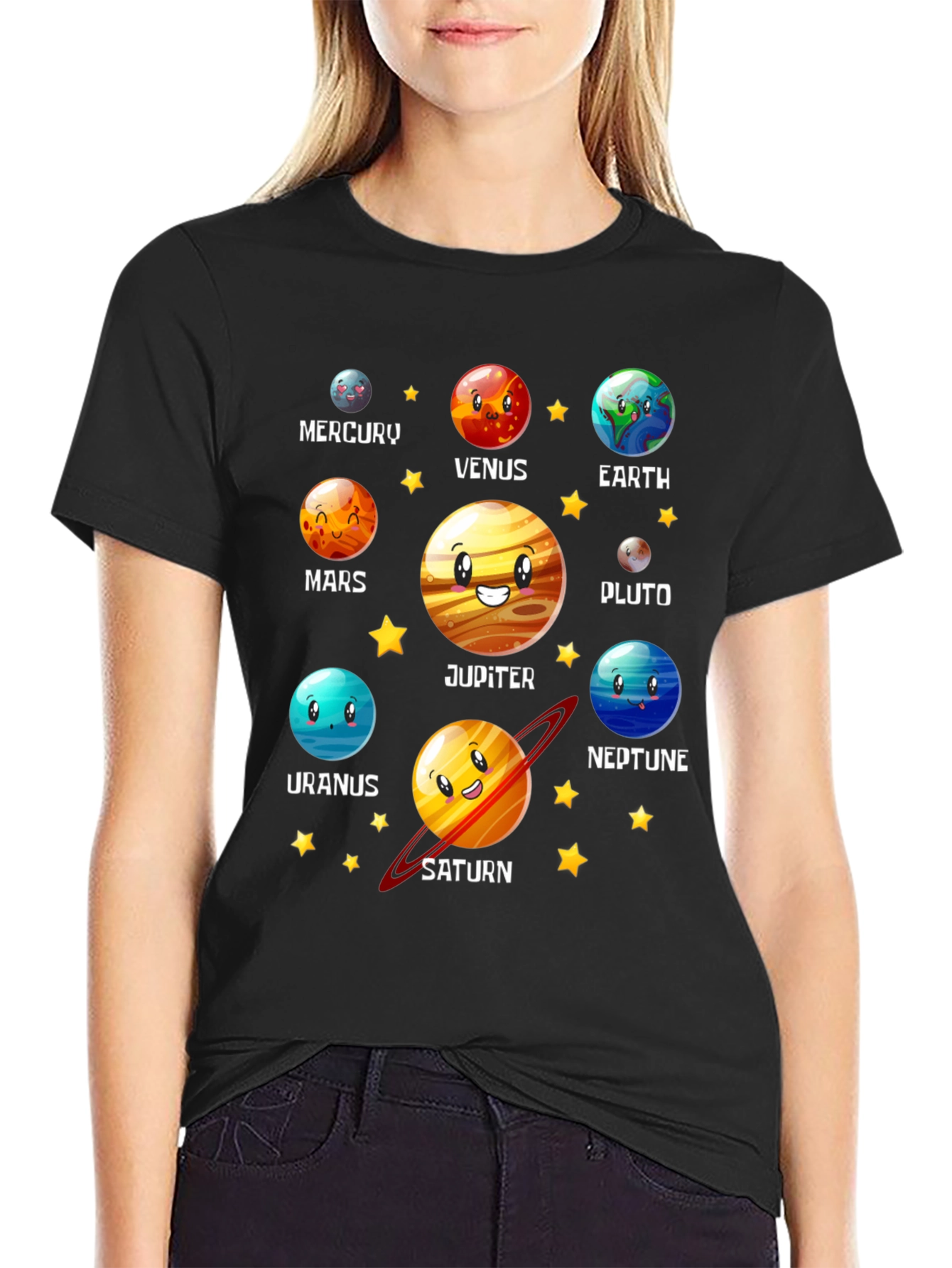 Solar System Planets Cartoon Graphic Black T-Shirt