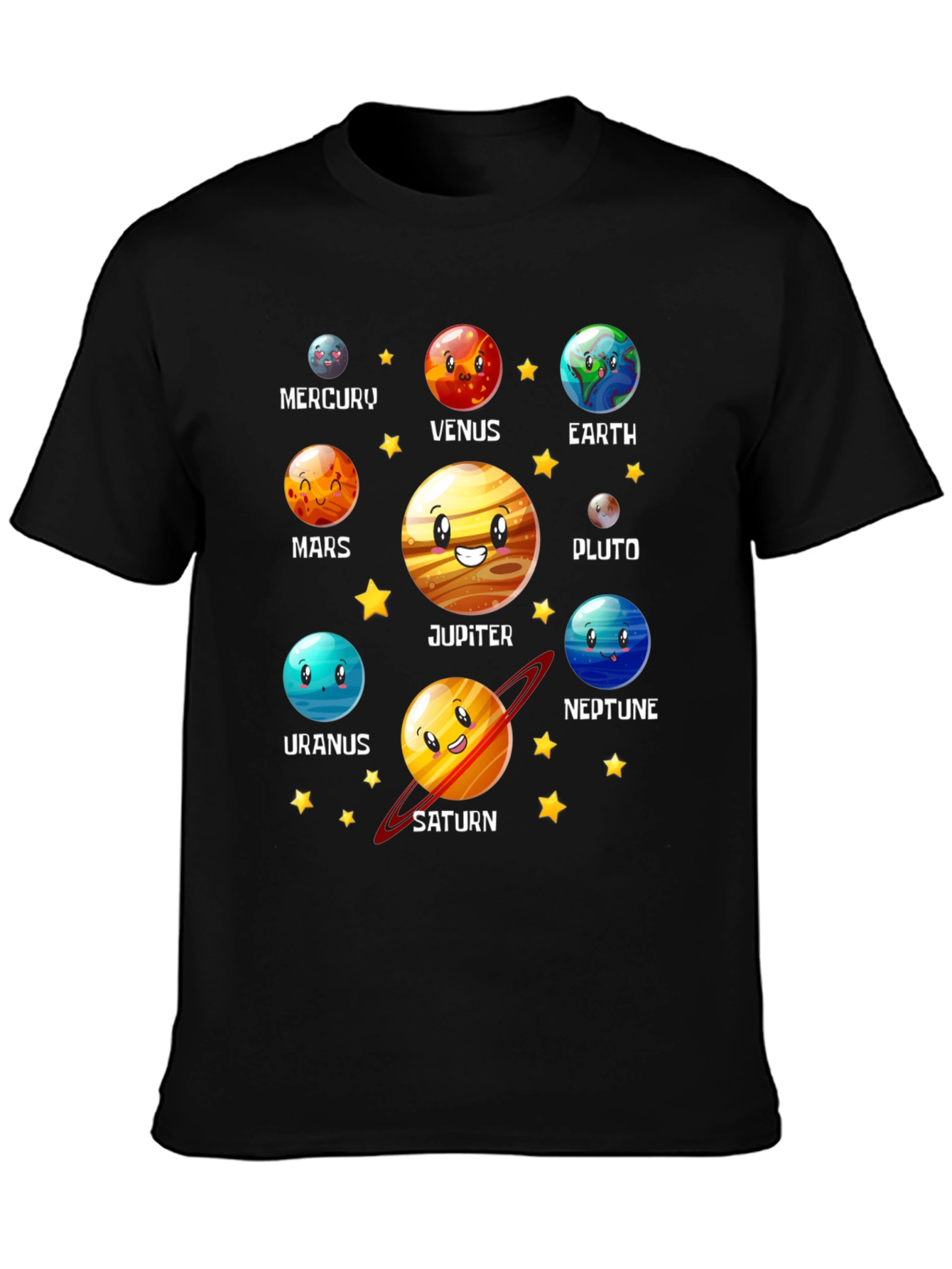 Solar System Planets Cartoon Graphic Black T-Shirt