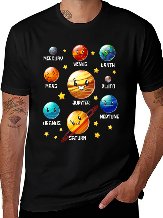 Solar System Planets Cartoon Graphic Black T-Shirt