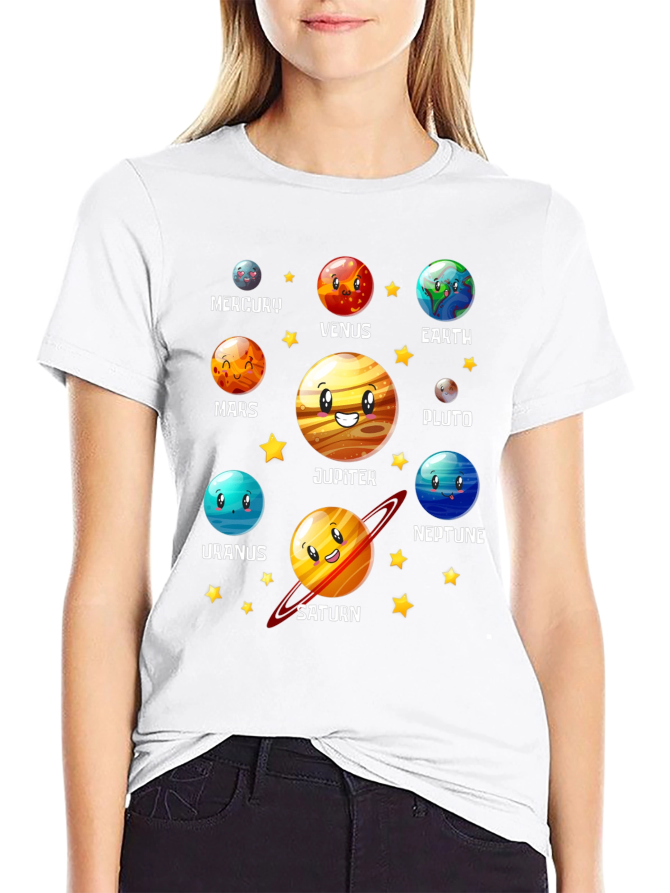 Solar System Planets Cartoon Graphic Black T-Shirt