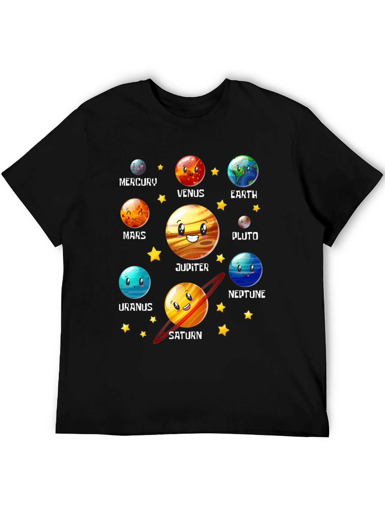 Solar System Planets Cartoon Graphic Black T-Shirt
