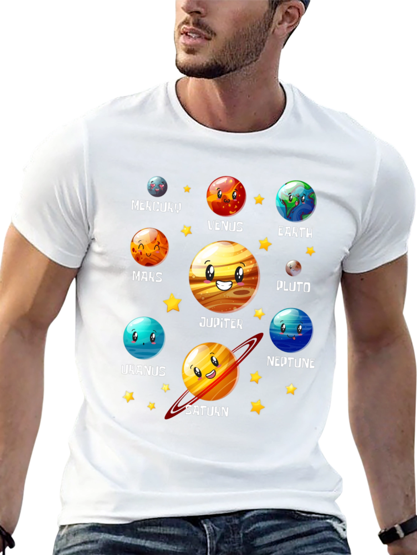 Solar System Planets Cartoon Graphic Black T-Shirt