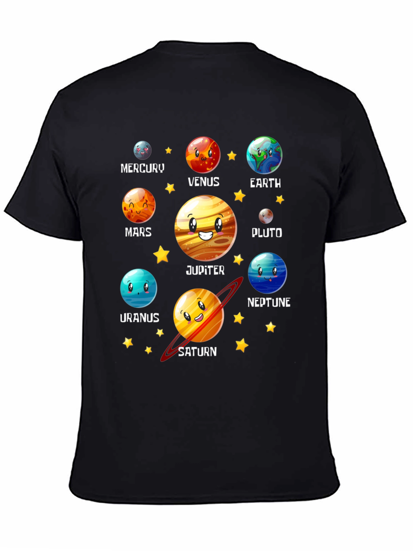 Solar System Planets Cartoon Graphic Black T-Shirt