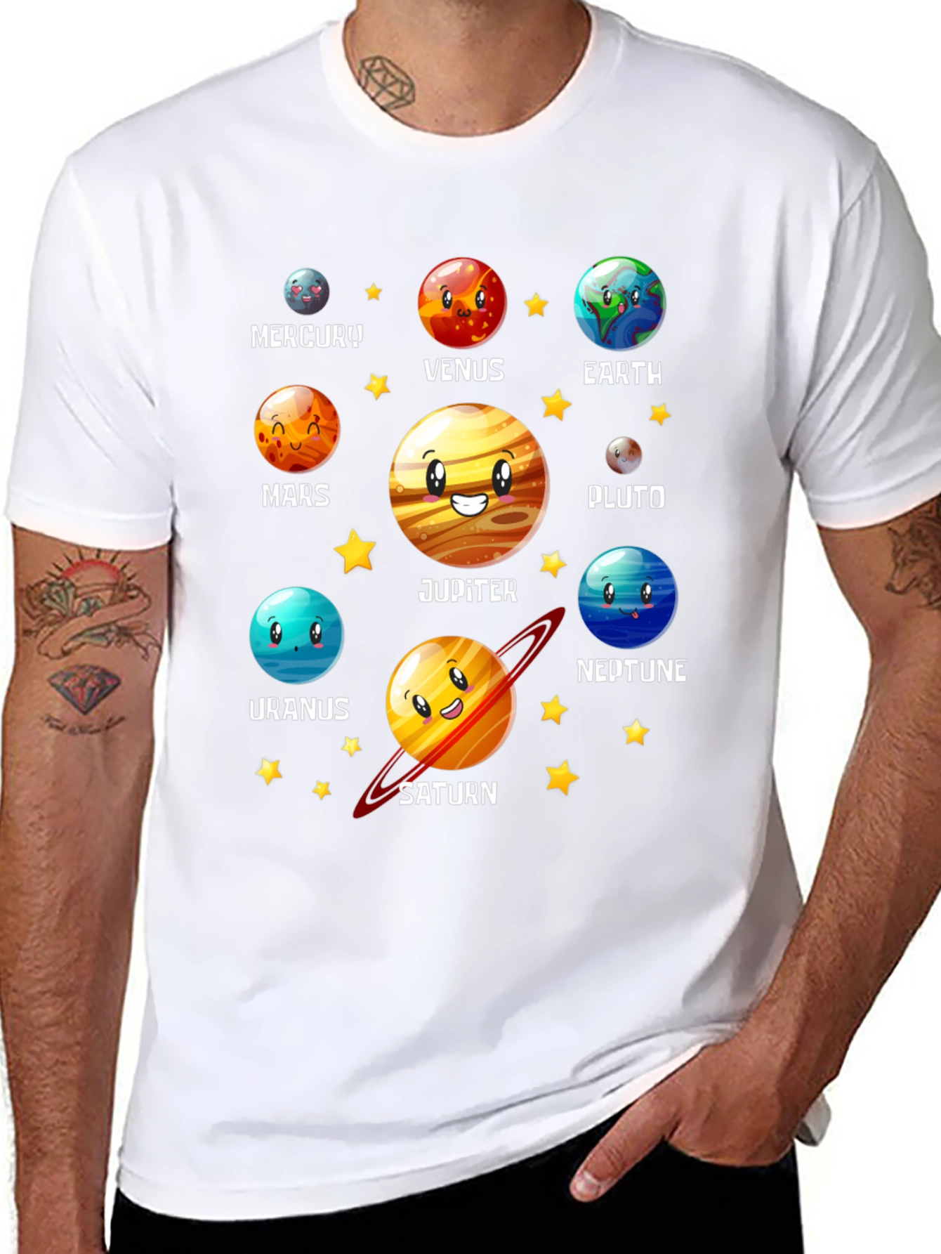 Solar System Planets Cartoon Graphic Black T-Shirt