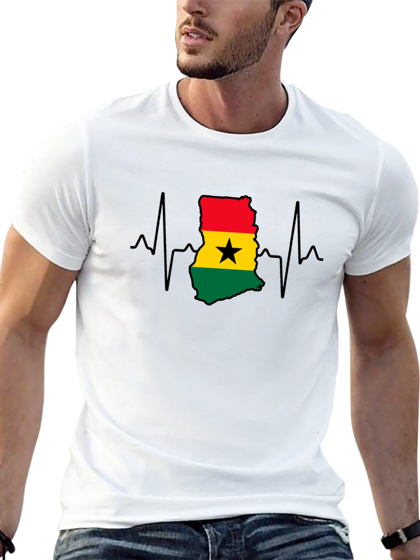 Ghana Flag Heartbeat T-Shirt - Black