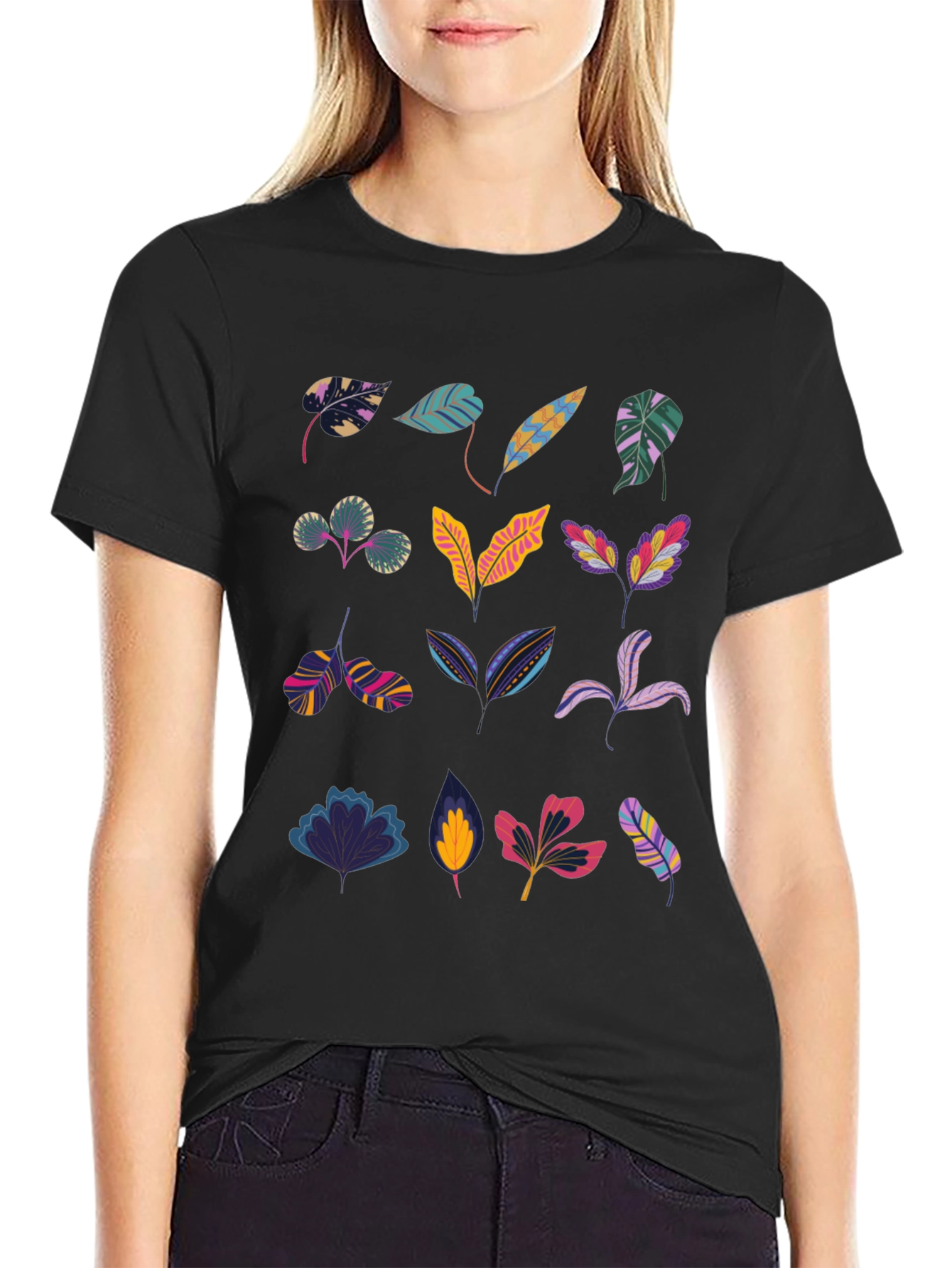 Tropical Leaves Print Black T-Shirt