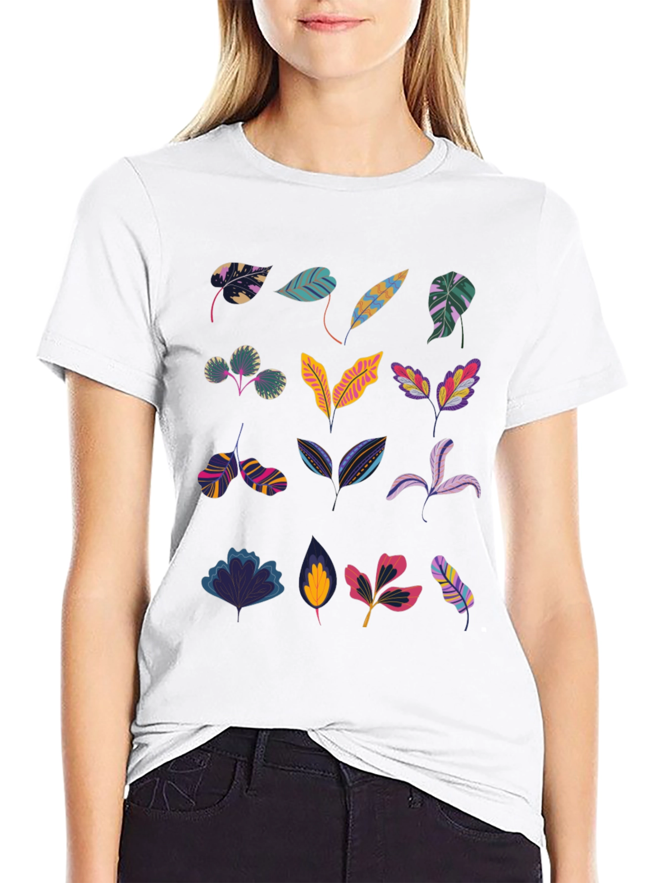 Tropical Leaves Print Black T-Shirt