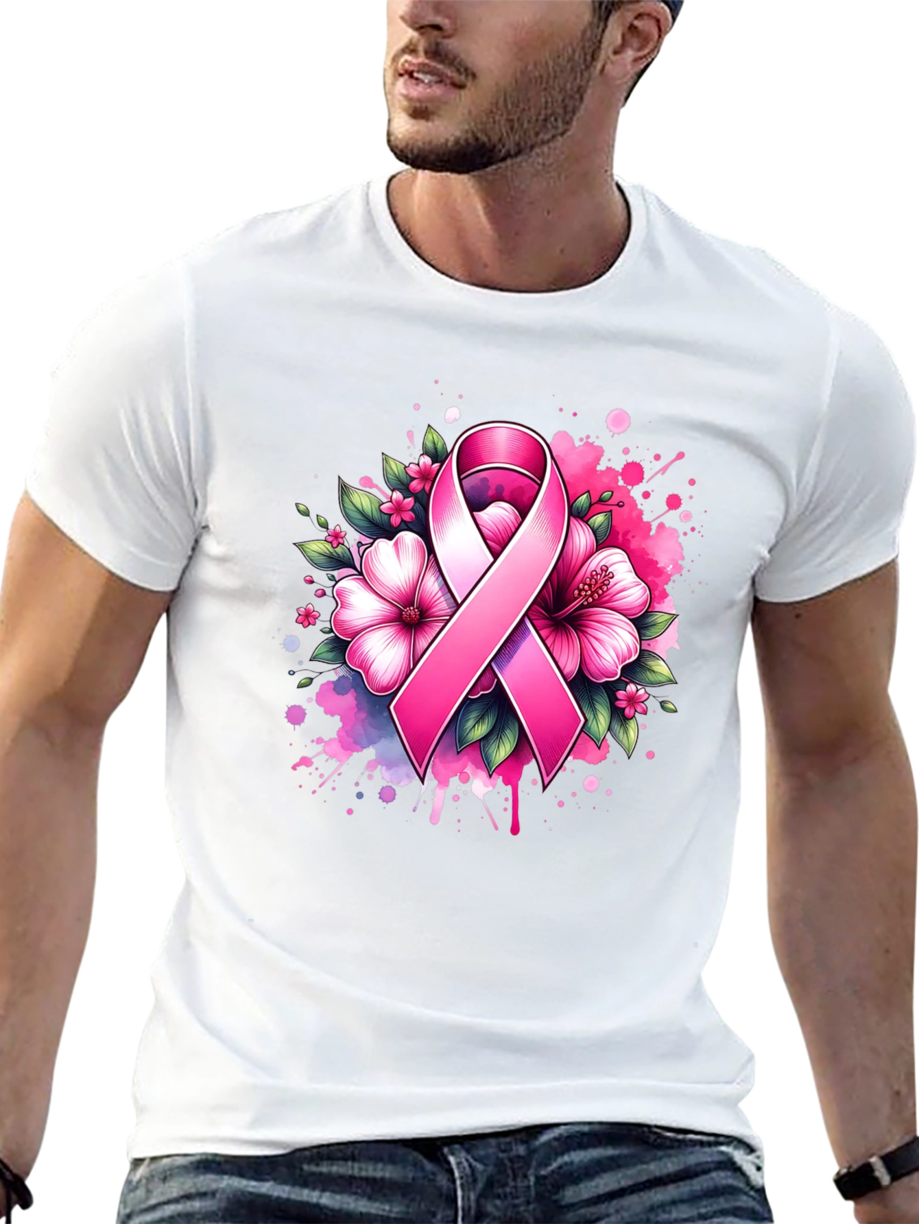 Breast Cancer Awareness Ribbon Floral T-Shirt