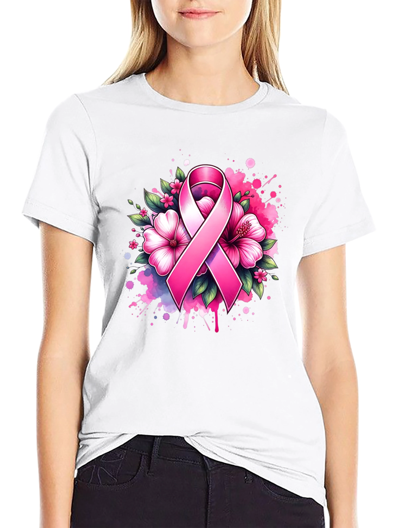 Breast Cancer Awareness Ribbon Floral T-Shirt