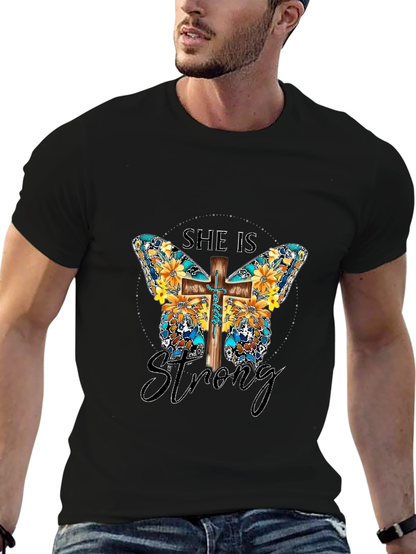 She Is Strong Butterfly Cross Graphic T-Shirt
