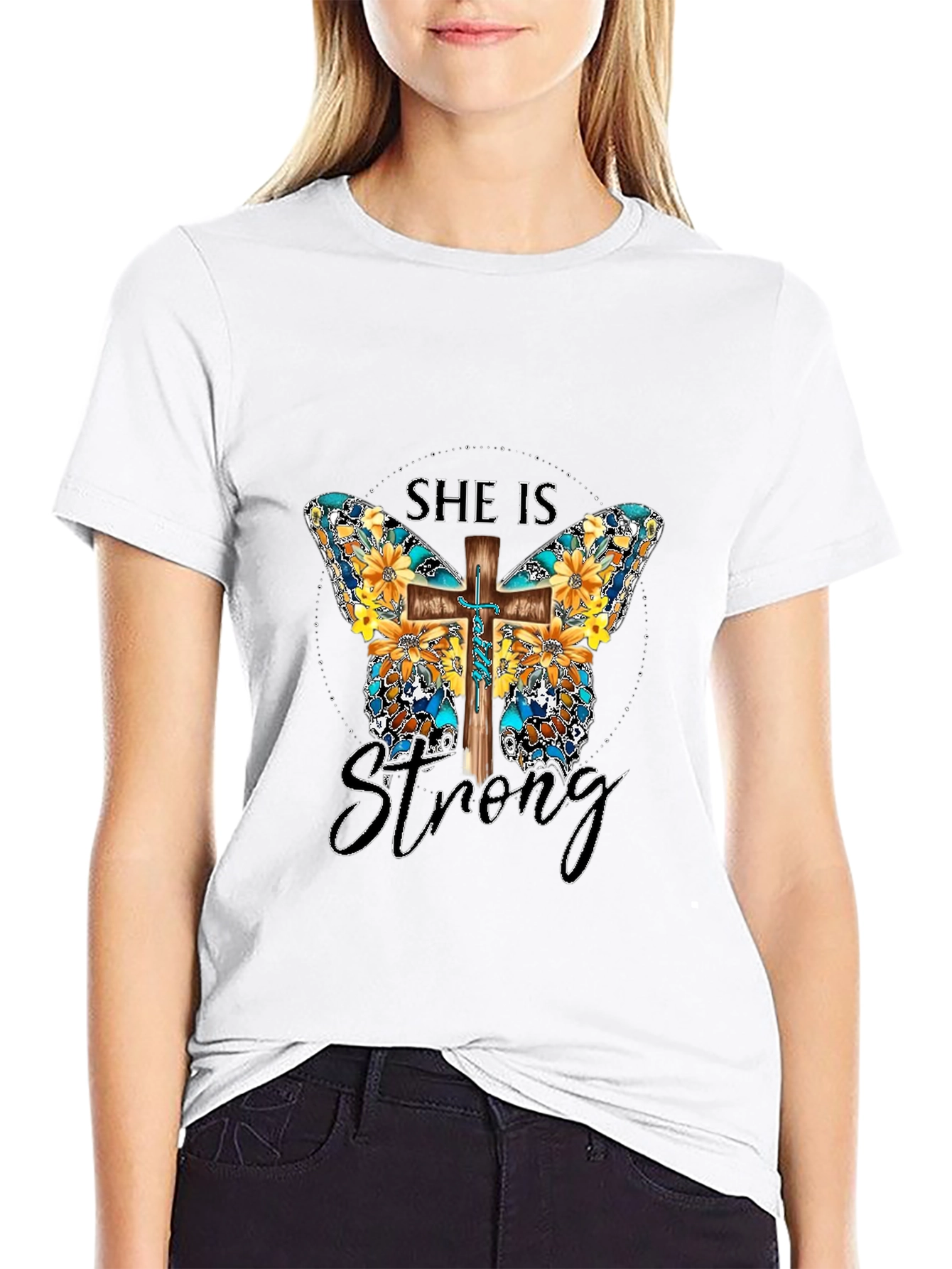 She Is Strong Butterfly Cross Graphic T-Shirt