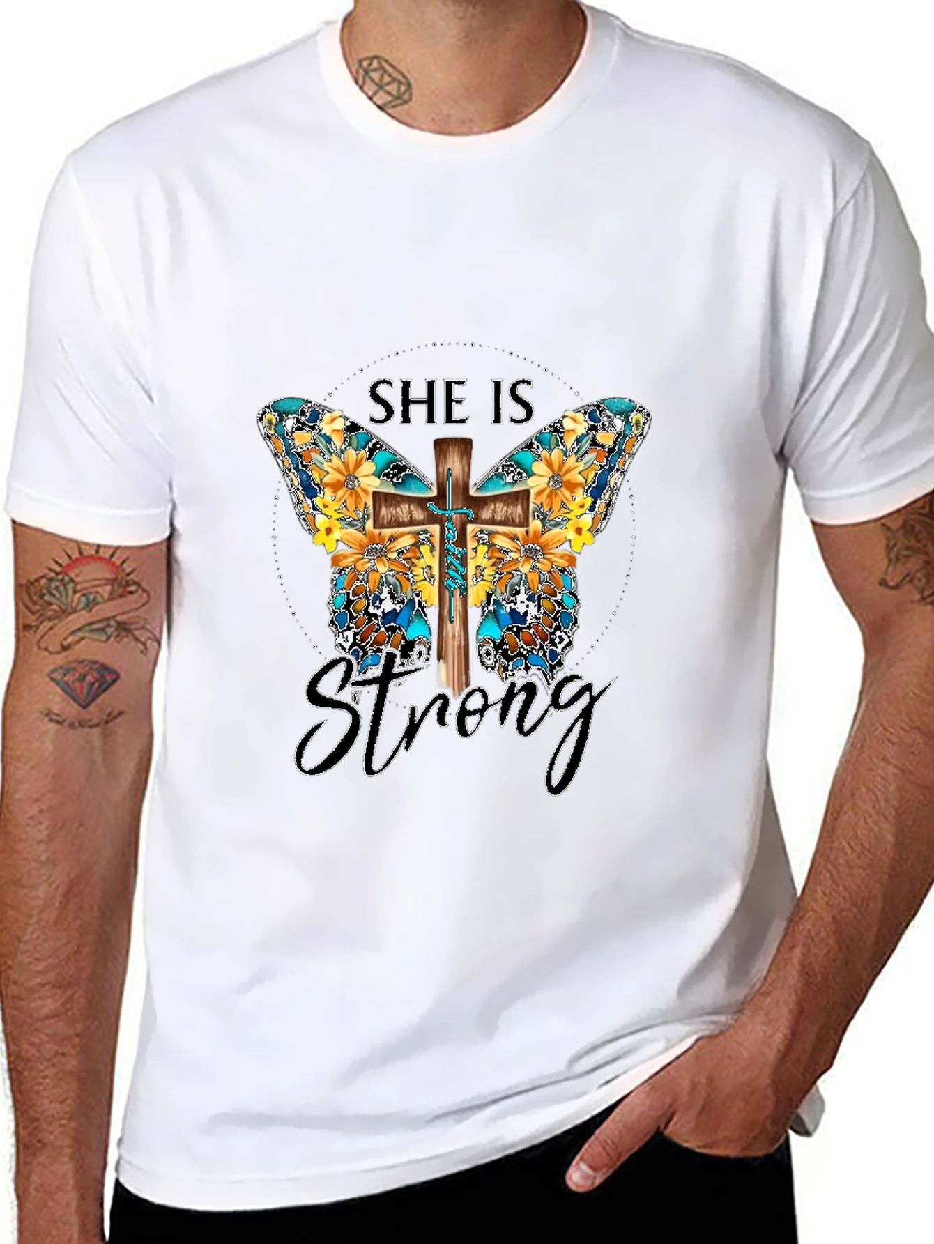 She Is Strong Butterfly Cross Graphic T-Shirt