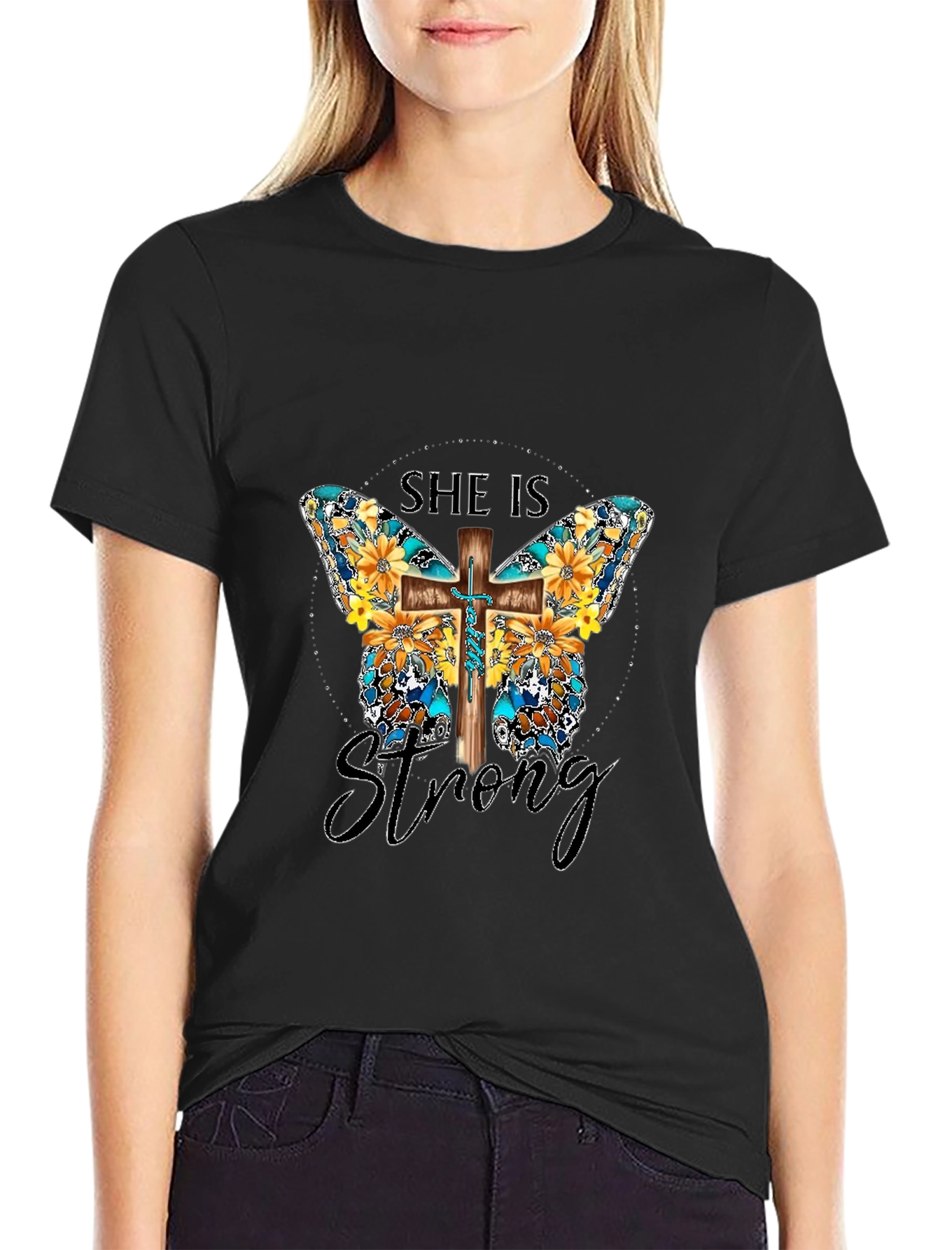 She Is Strong Butterfly Cross Graphic T-Shirt