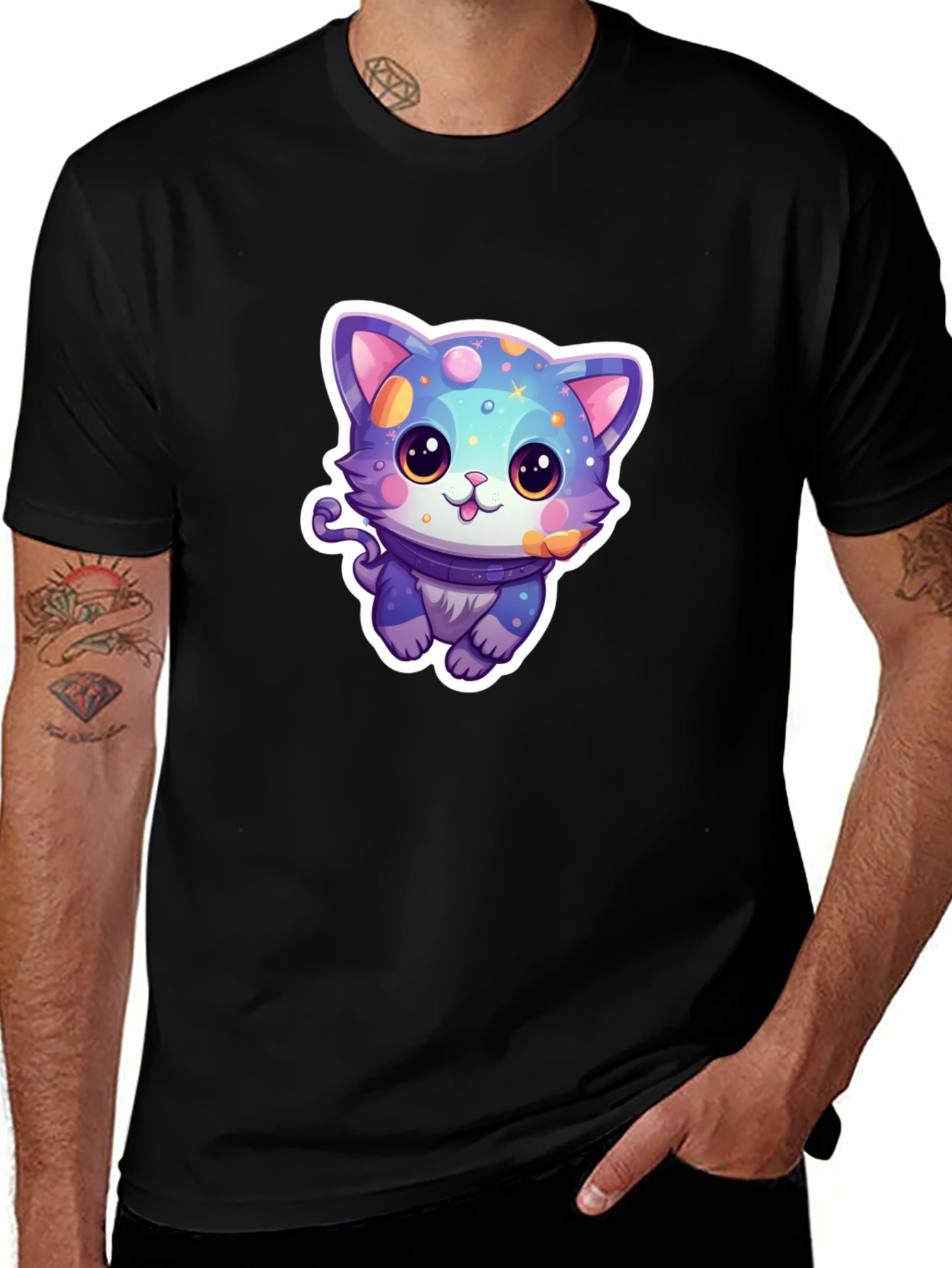 Cute Cartoon Cat Graphic Tee - Black