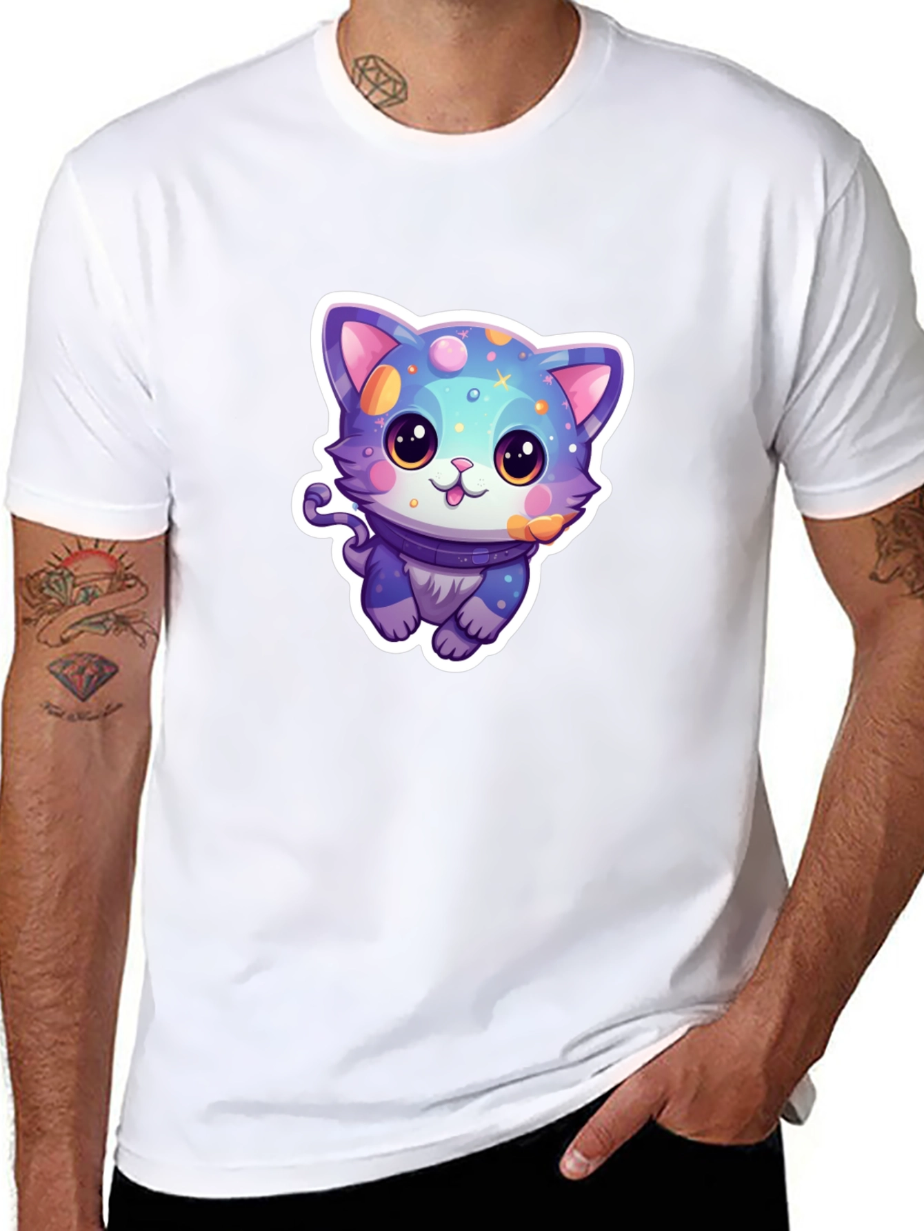 Cute Cartoon Cat Graphic Tee - Black