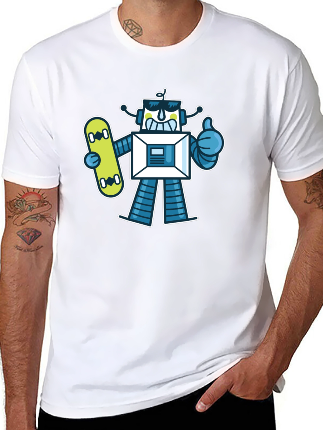 Cool Robot Skateboarder Graphic Tee - Black