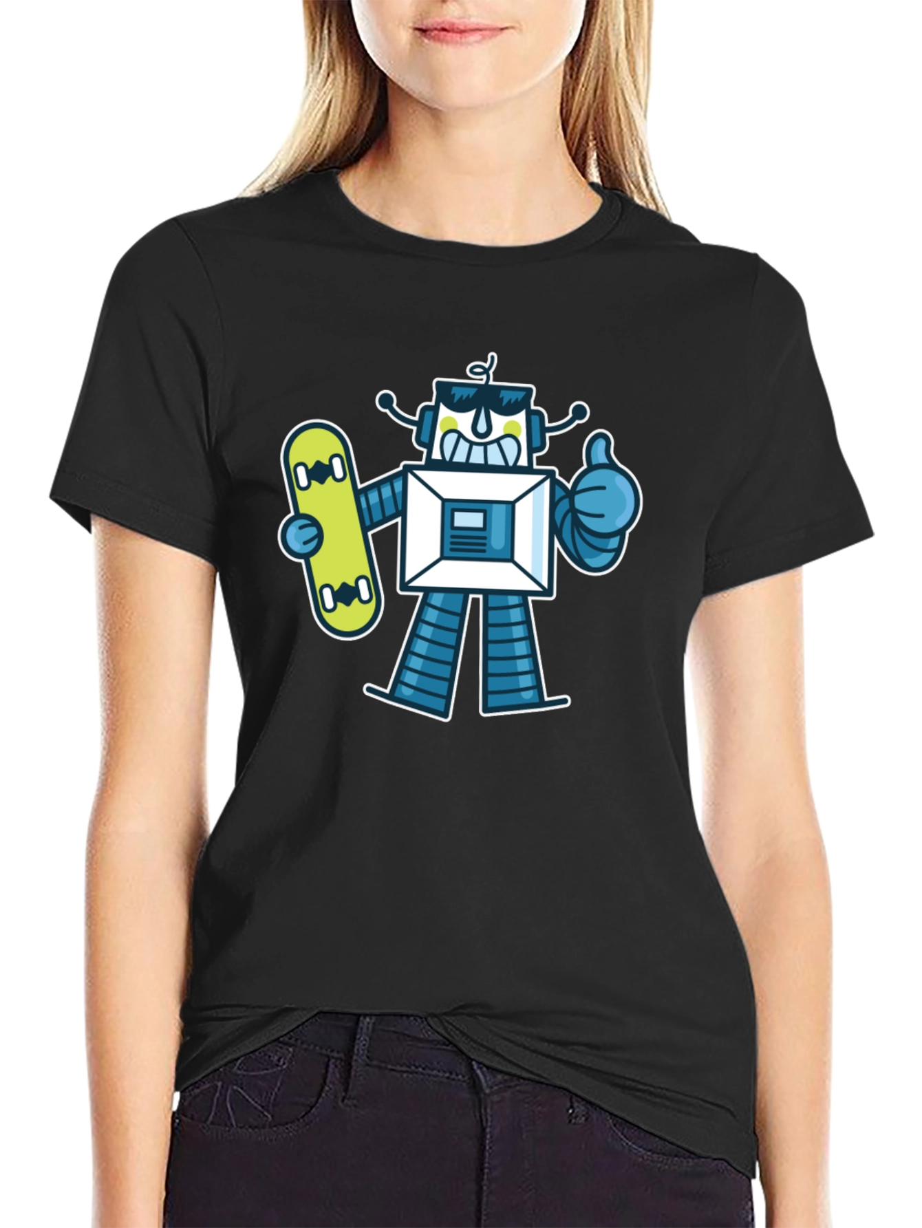 Cool Robot Skateboarder Graphic Tee - Black