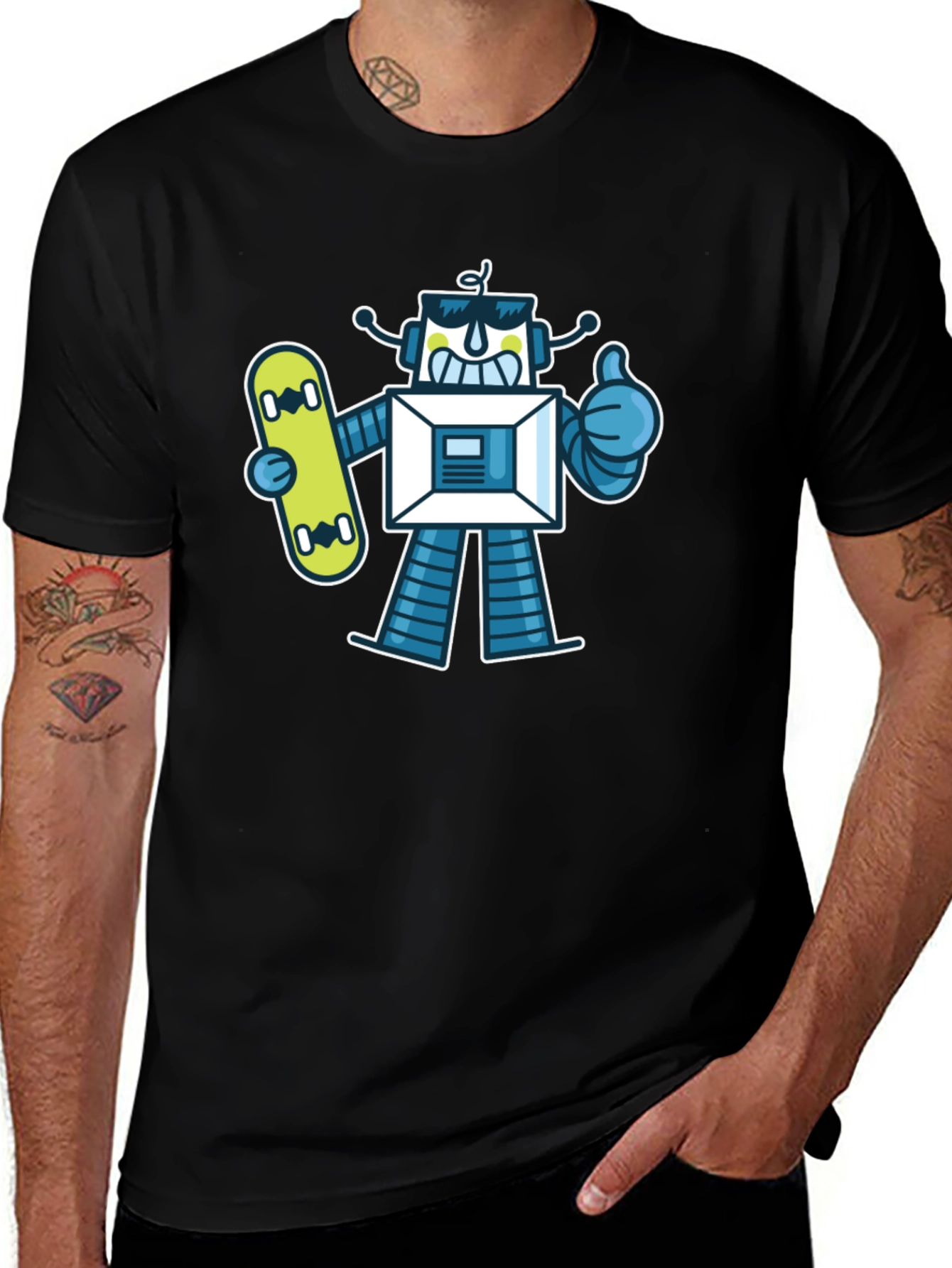 Cool Robot Skateboarder Graphic Tee - Black