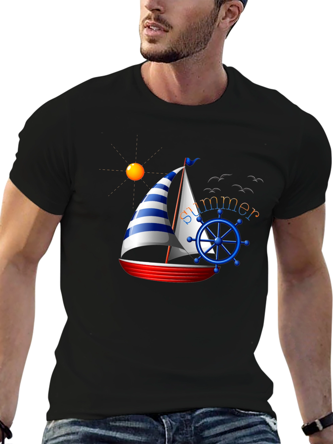 Summer Sailboat Graphic Tee - Black