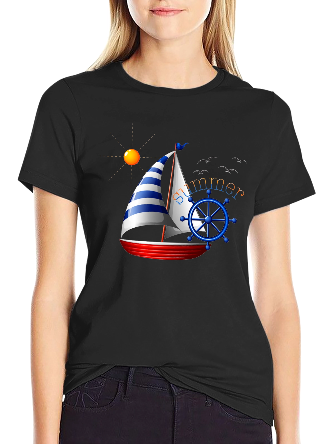 Summer Sailboat Graphic Tee - Black