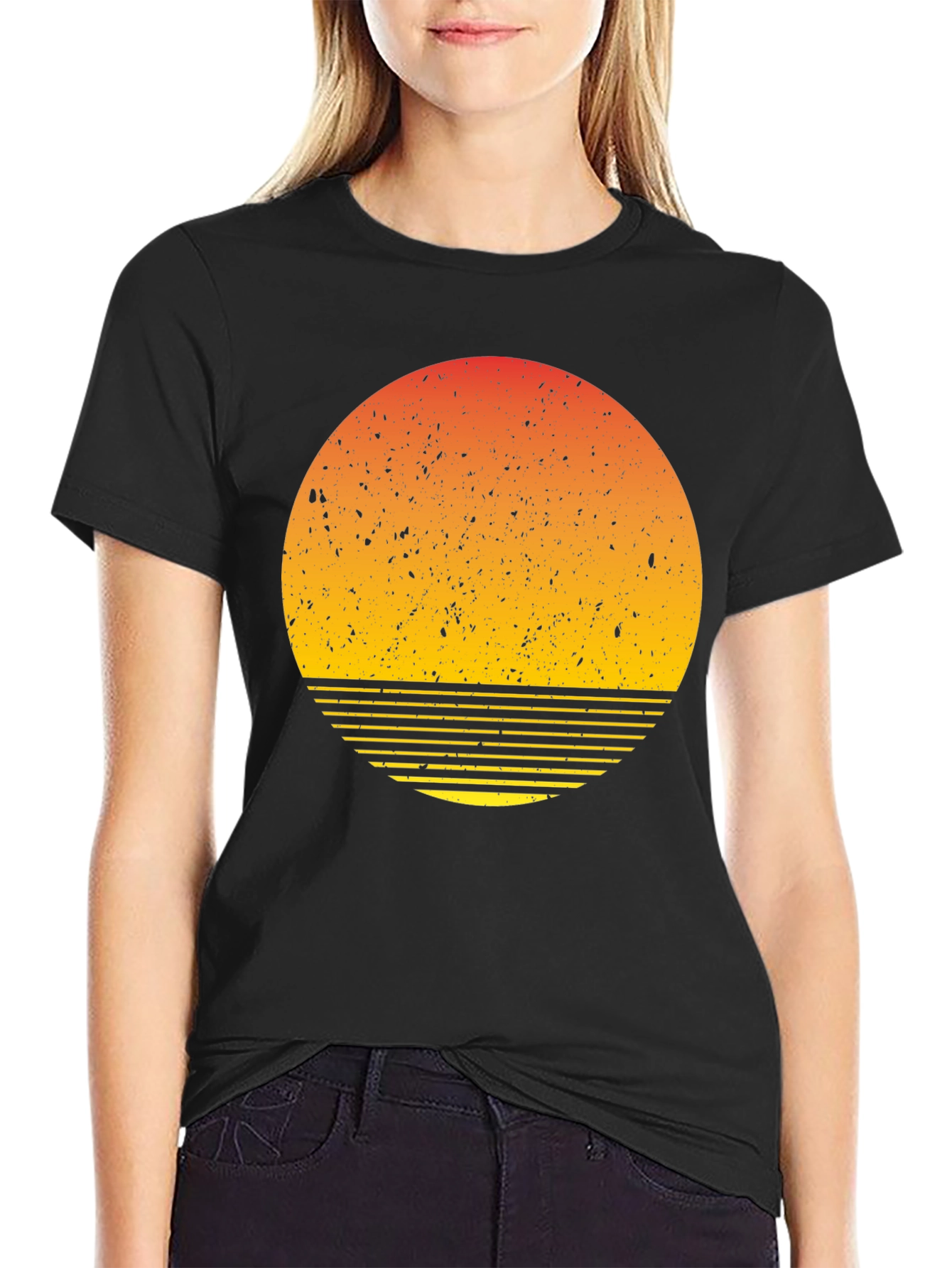 Retro Sunset Graphic Tee - Black Cotton Blend T-Shirt