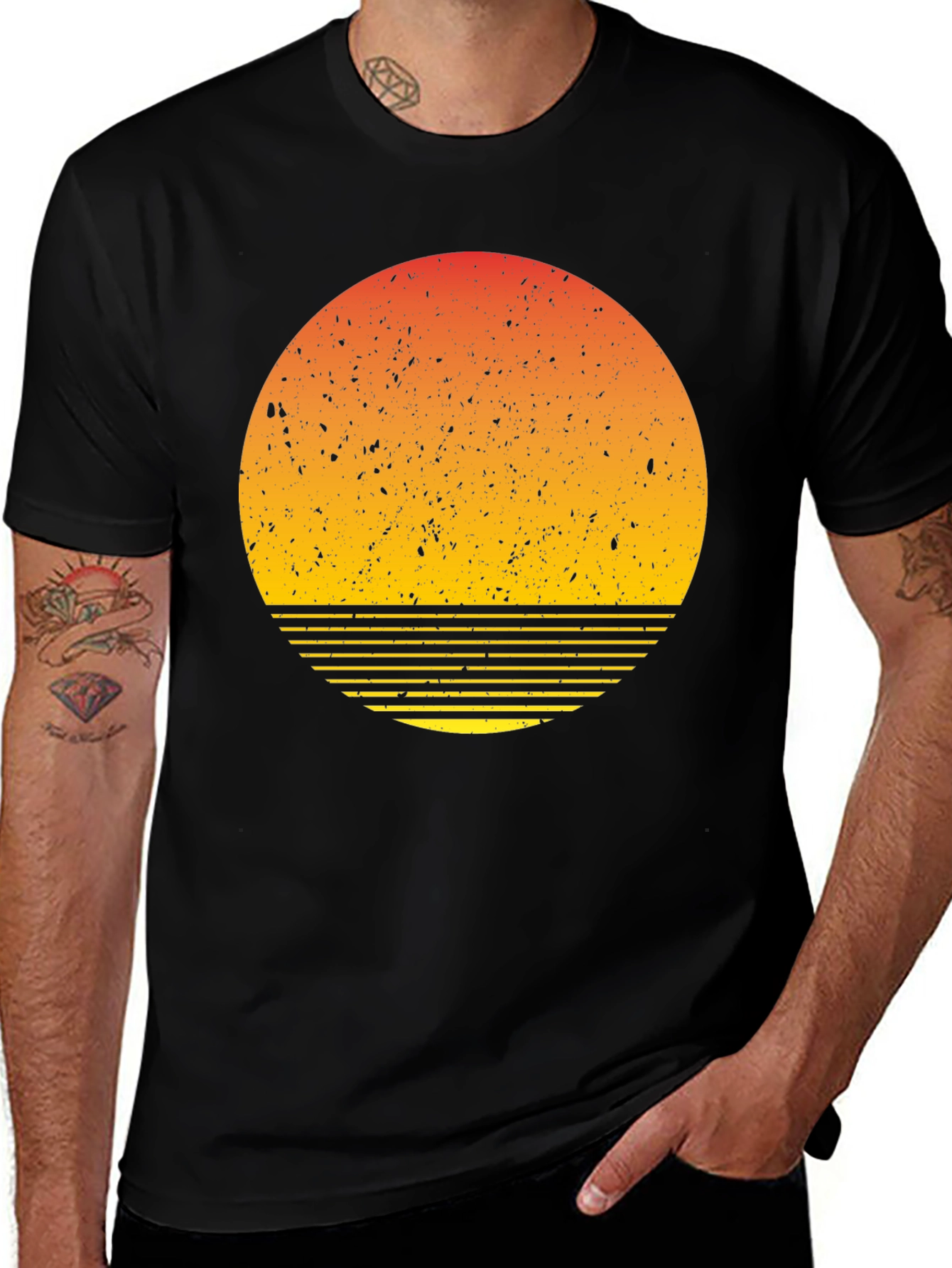 Retro Sunset Graphic Tee - Black Cotton Blend T-Shirt