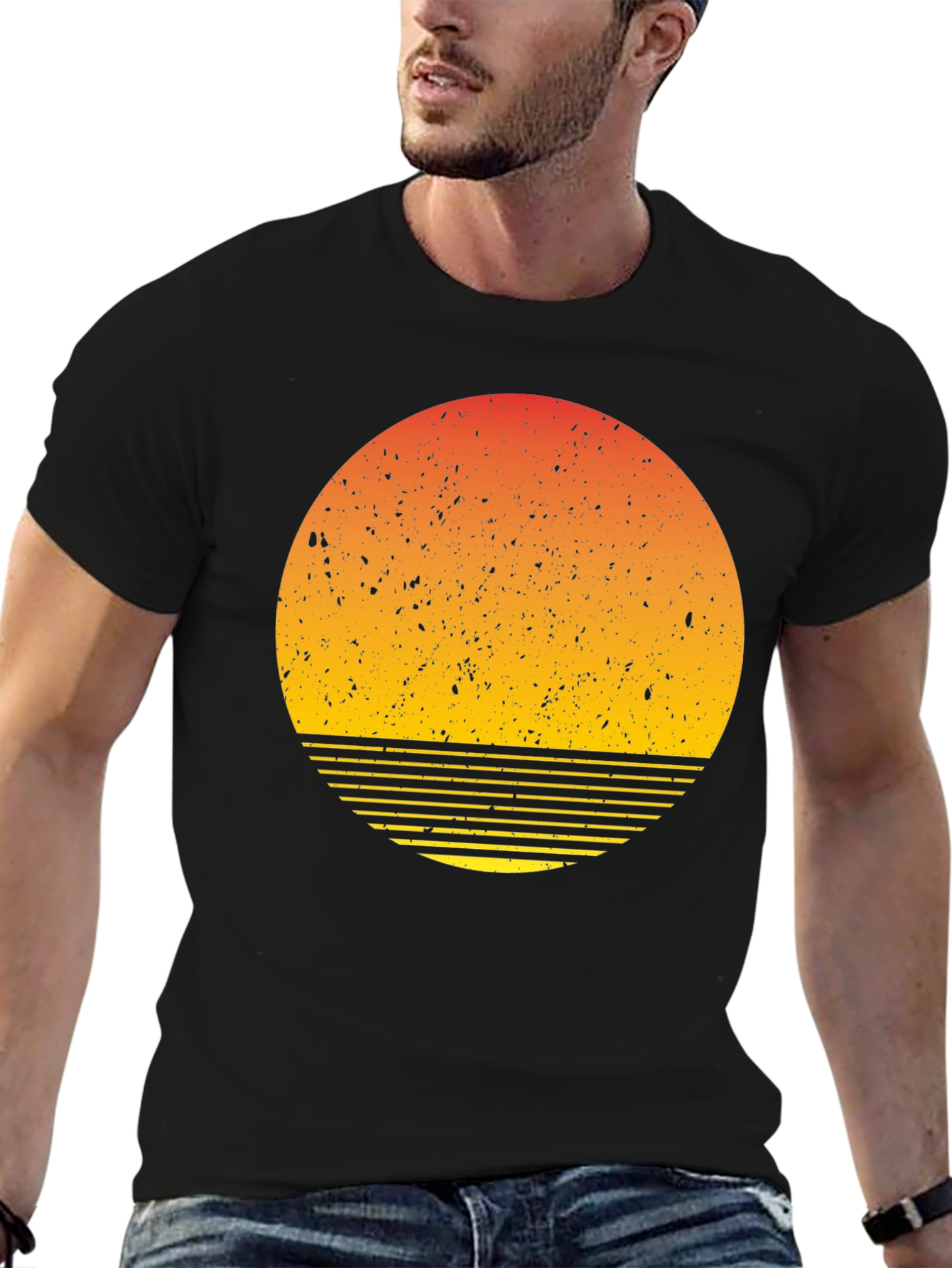 Retro Sunset Graphic Tee - Black Cotton Blend T-Shirt