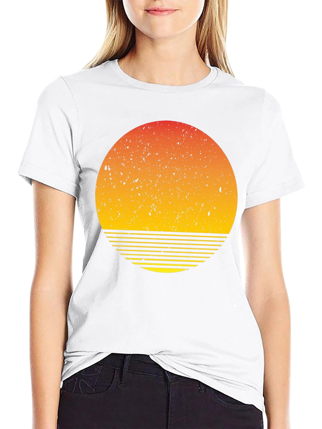 Retro Sunset Graphic Tee - Black Cotton Blend T-Shirt