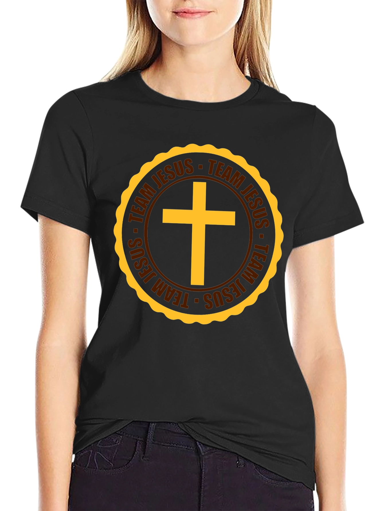 Team Jesus Christian T-Shirt Gold Cross Black Tee