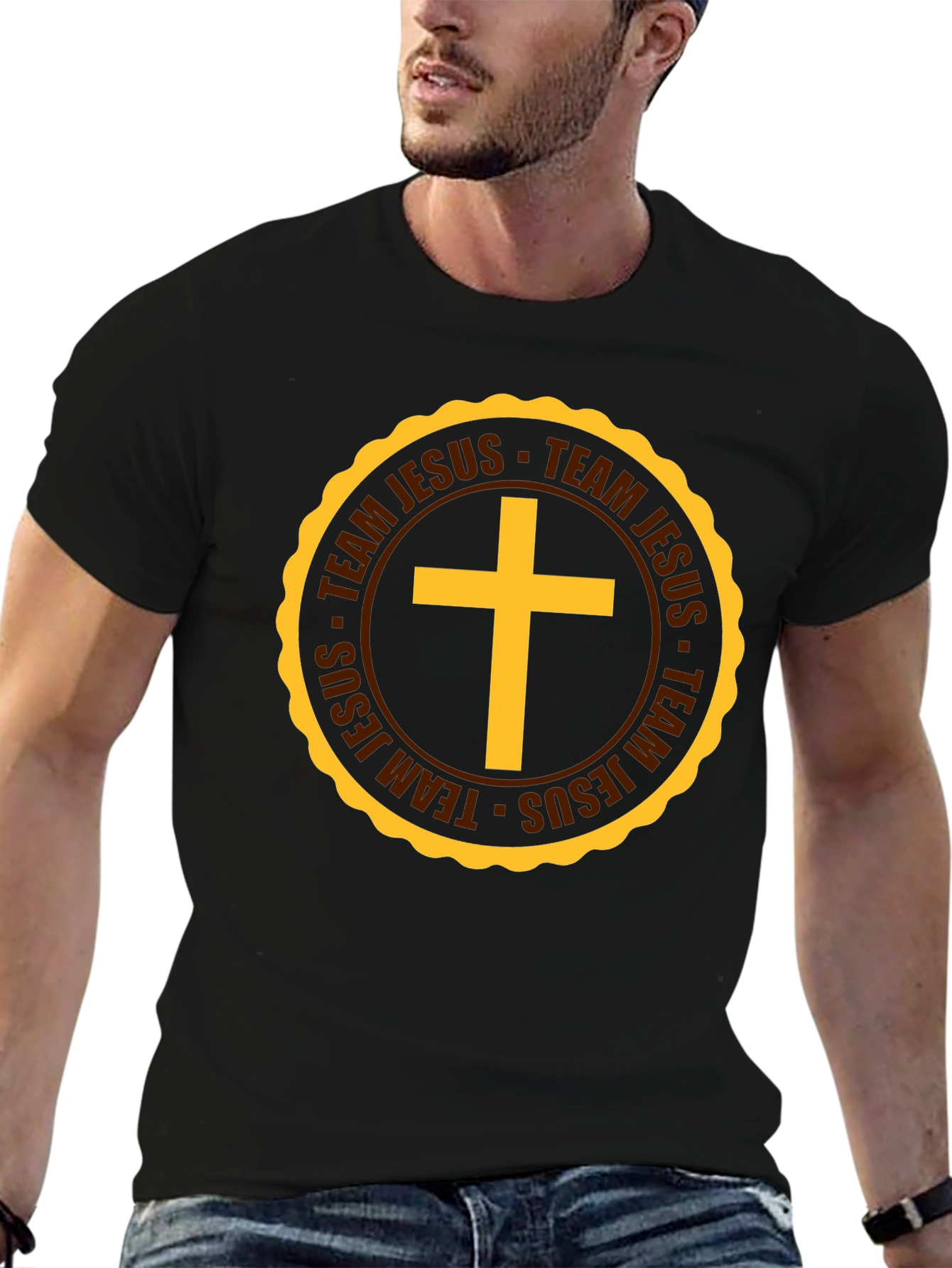 Team Jesus Christian T-Shirt Gold Cross Black Tee