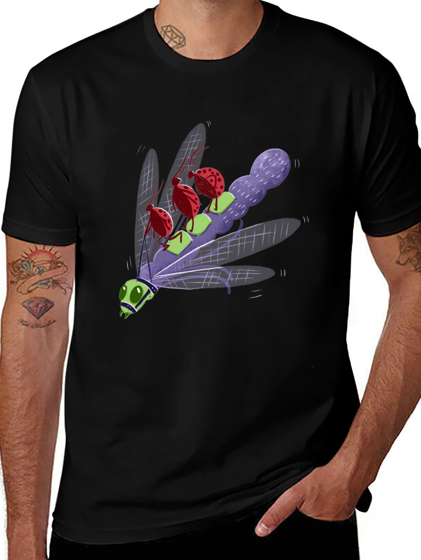 Cartoon Insect Graphic Tee - Black Cotton Blend