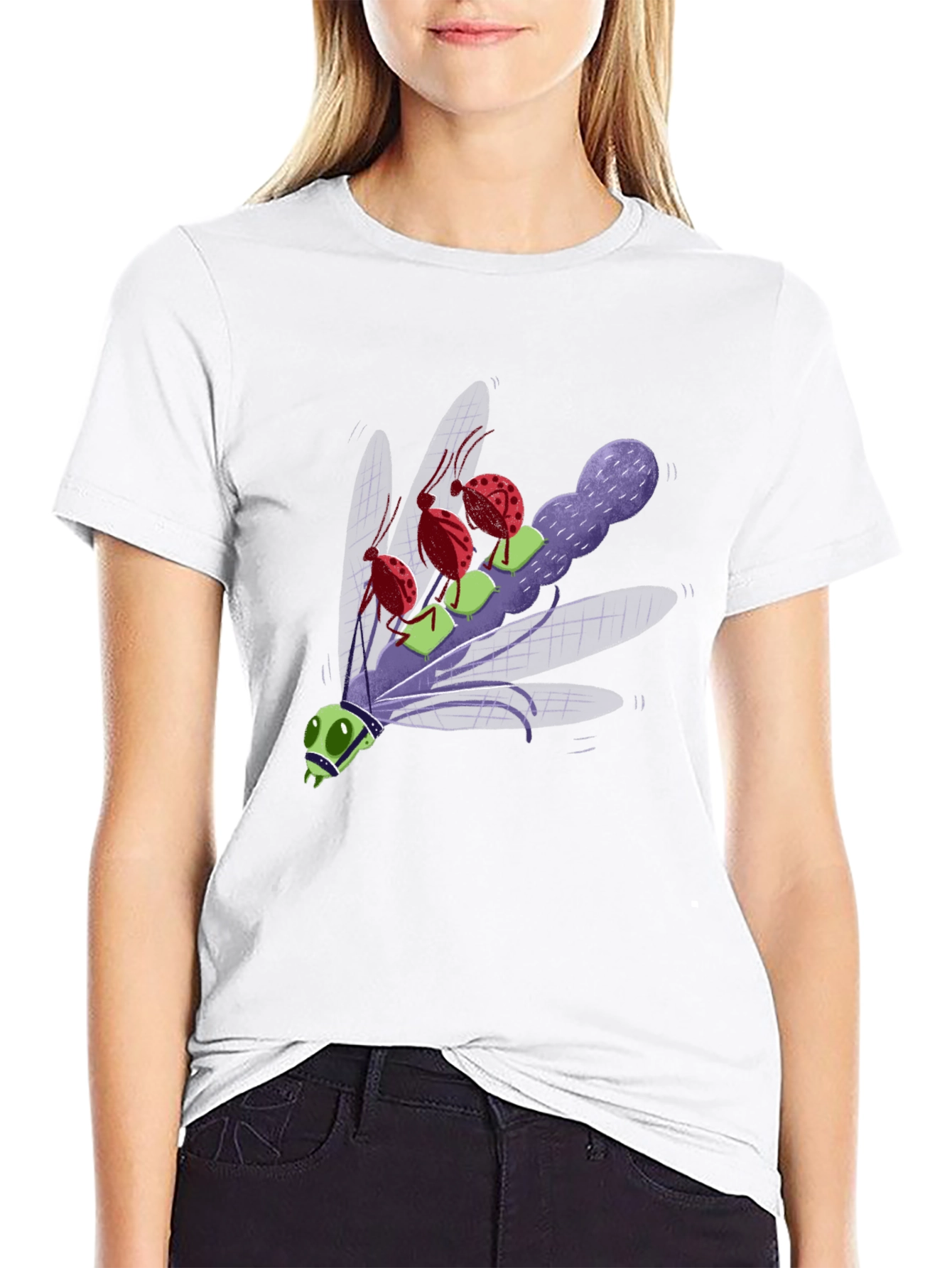 Cartoon Insect Graphic Tee - Black Cotton Blend